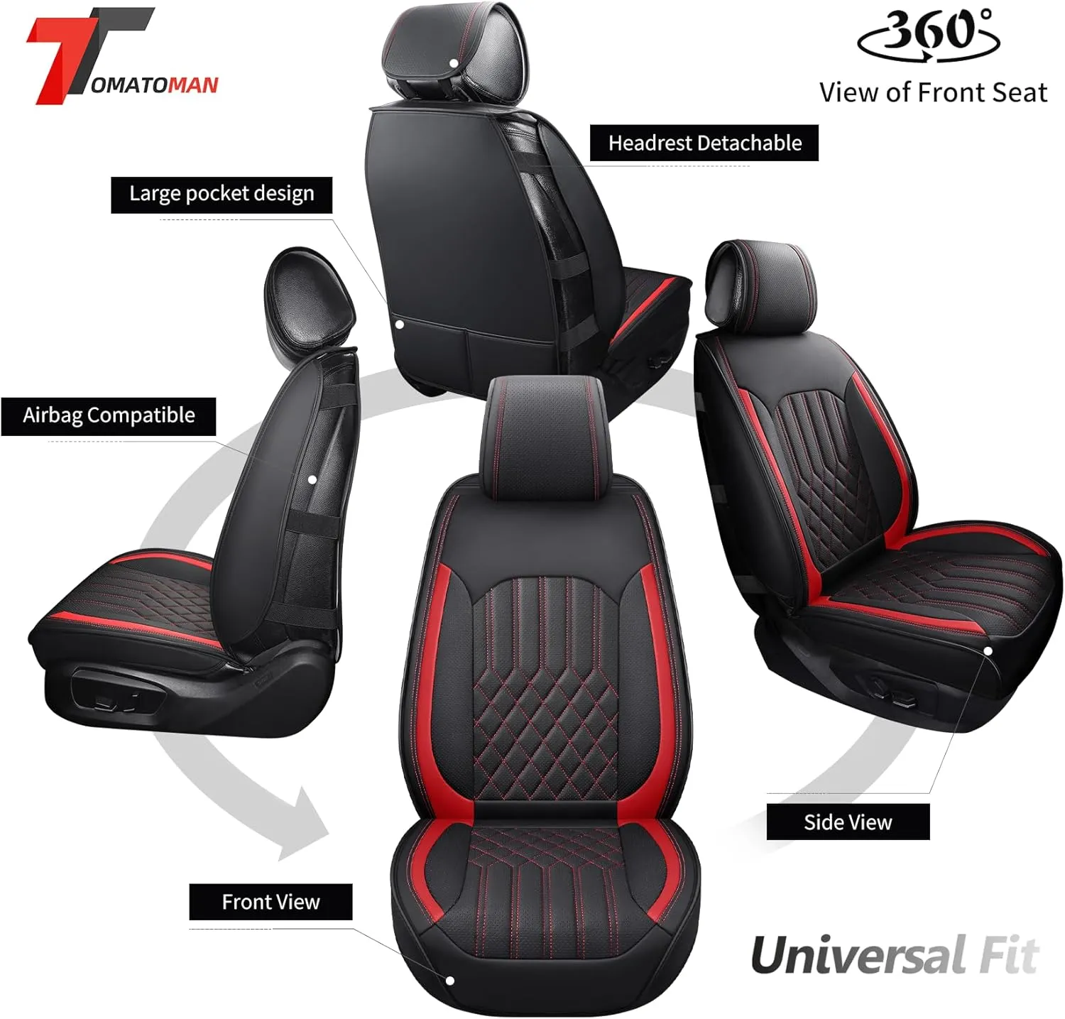 Tomatoman Car Seat Covers Compatible with Infiniti Q70L Airbag Safety Waterproof Dustproof Leather Protectors Universal Fit(2PCS Front/Black Red)