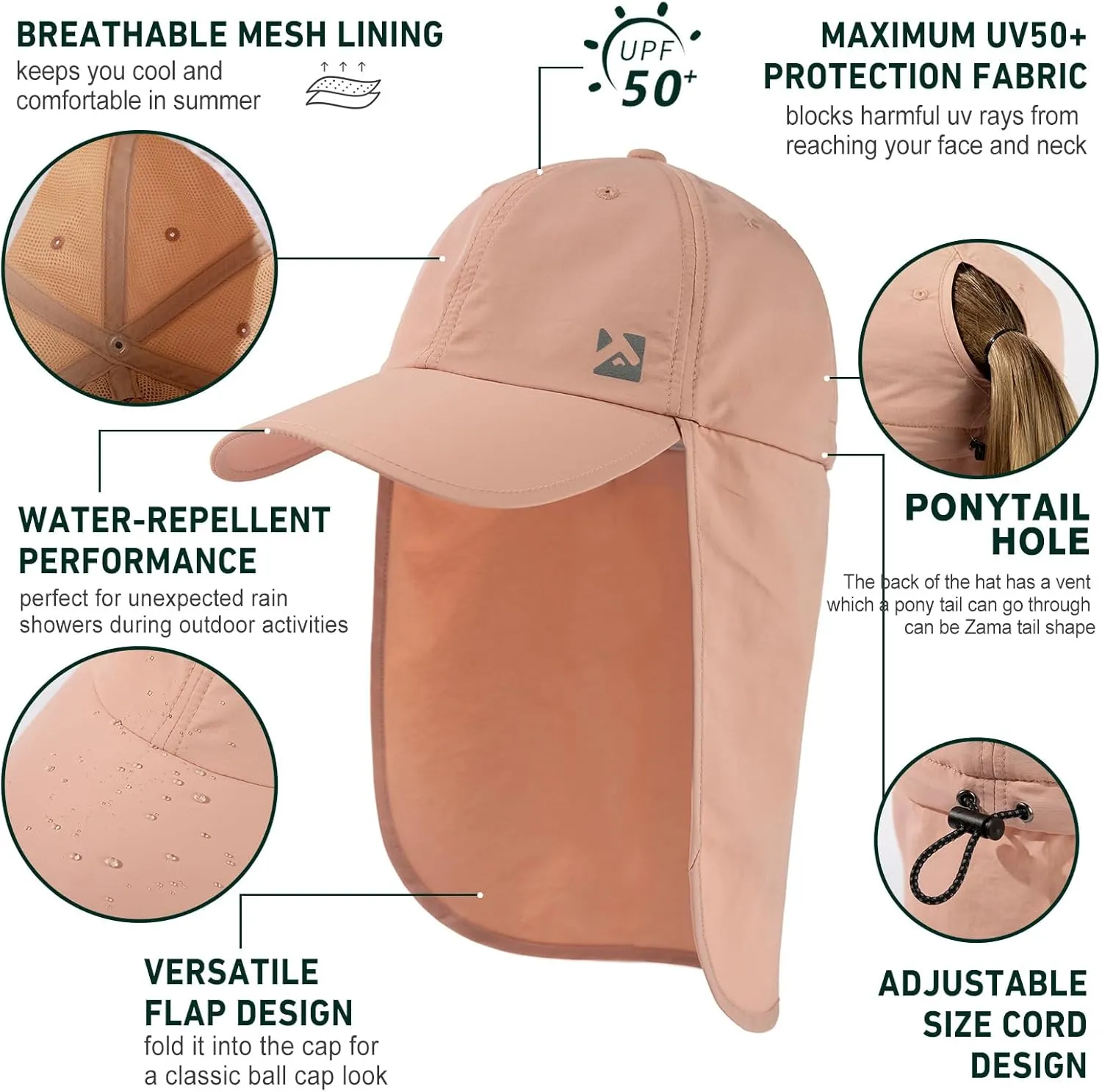 TOP-EX L/XL Sun Hats for Women Ponytail Baseball Cap with Neck Flap UPF50 Summer Hiking Gardening Hat Waterproof