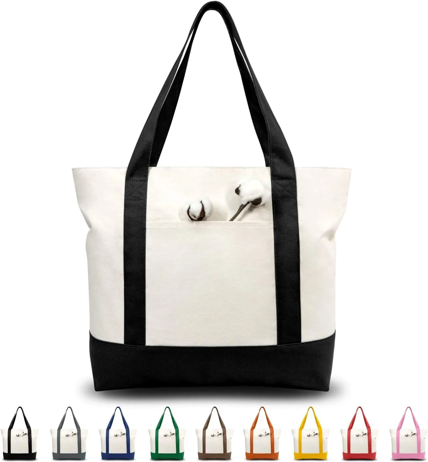TOPDesign 1 | 3 | 6 | 30 Pack Canvas Tote Bag with an External Pocket, Reusable Grocery Shopping Bag, Top Zipper Closure, Daily Essentials (Black/Natural Pack of 1)