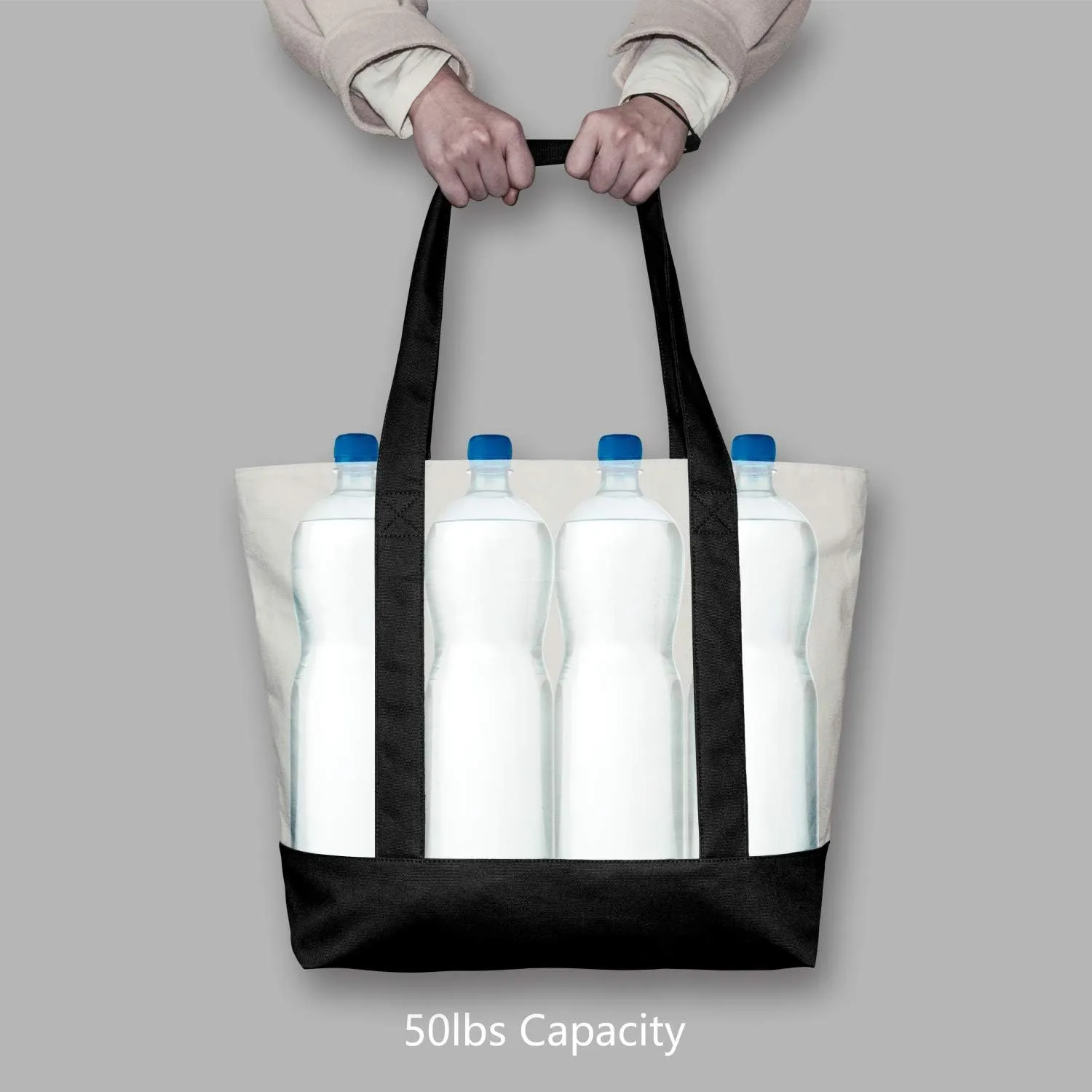 TOPDesign 1 | 3 | 6 | 30 Pack Canvas Tote Bag with an External Pocket, Reusable Grocery Shopping Bag, Top Zipper Closure, Daily Essentials (Black/Natural Pack of 1)