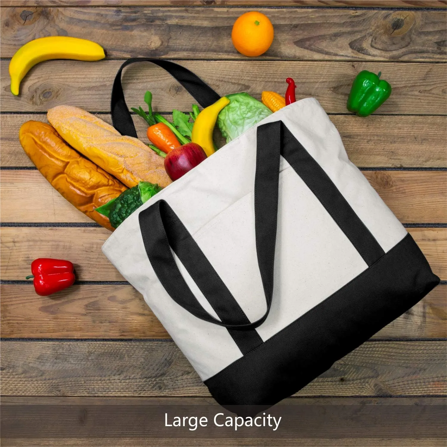 TOPDesign 1 | 3 | 6 | 30 Pack Canvas Tote Bag with an External Pocket, Reusable Grocery Shopping Bag, Top Zipper Closure, Daily Essentials (Black/Natural Pack of 1)