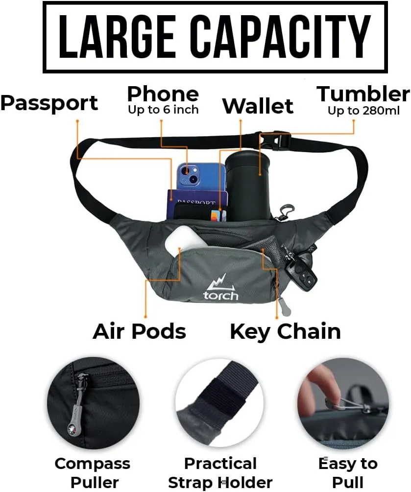 TORCH Belt Bag for Men - Fanny Pack Men Women with Compass Survival, Small Lightweight Hip Pack for Gym, Running, Hiking, Biking, Dog Walking - Vallejo (Grey)