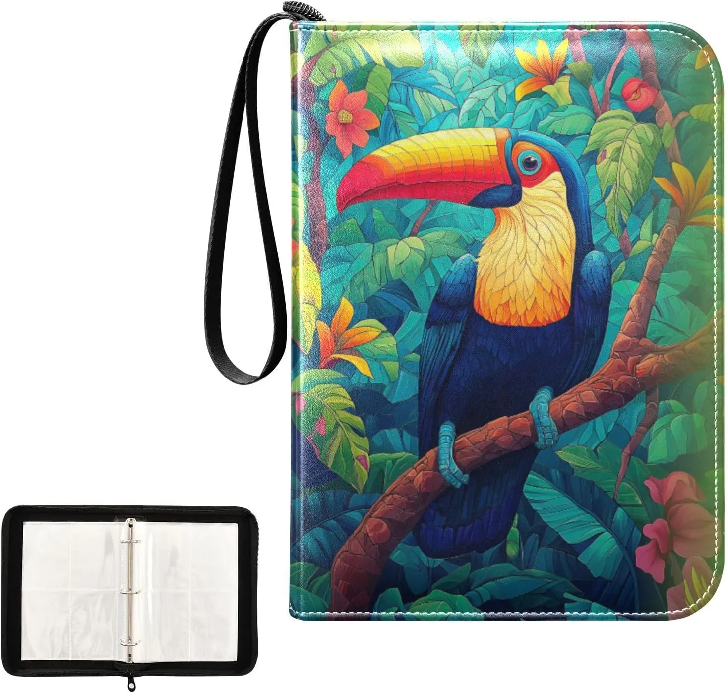 Toucan Tree Colorful Rainforest Card Binder 4 Pocket, Trading Card Holder Fits 400 Game Cards with 50 Removable Sleeves, MTG Card Case Standard Size