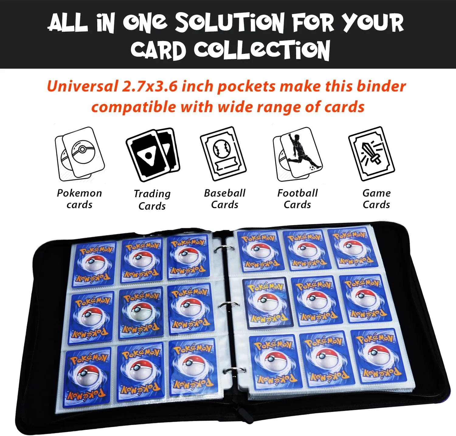 Trading Card Binder 9 Pocket, Card Collection Binder Book, Card Binder with Sleeves Holds 900 cards, Waterproof zipper Binder for Cards, Gaming, Baseball, Collectable Cards with 2.7x3.6 Inch Pocket