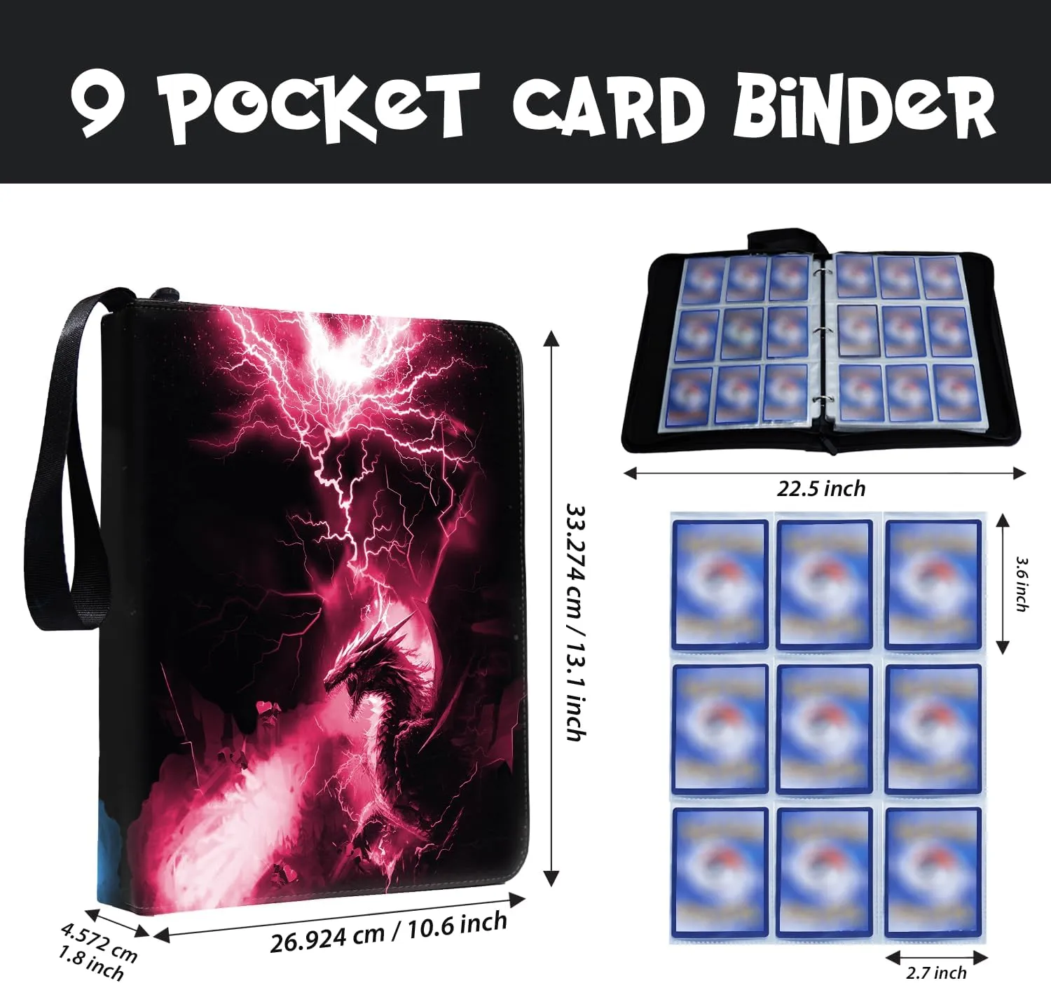 Trading Card Binder 9 Pocket, Card Collection Binder Book, Card Binder with Sleeves Holds 900 cards, Waterproof zipper Binder for Cards, Gaming, Baseball, Collectable Cards with 2.7x3.6 Inch Pocket
