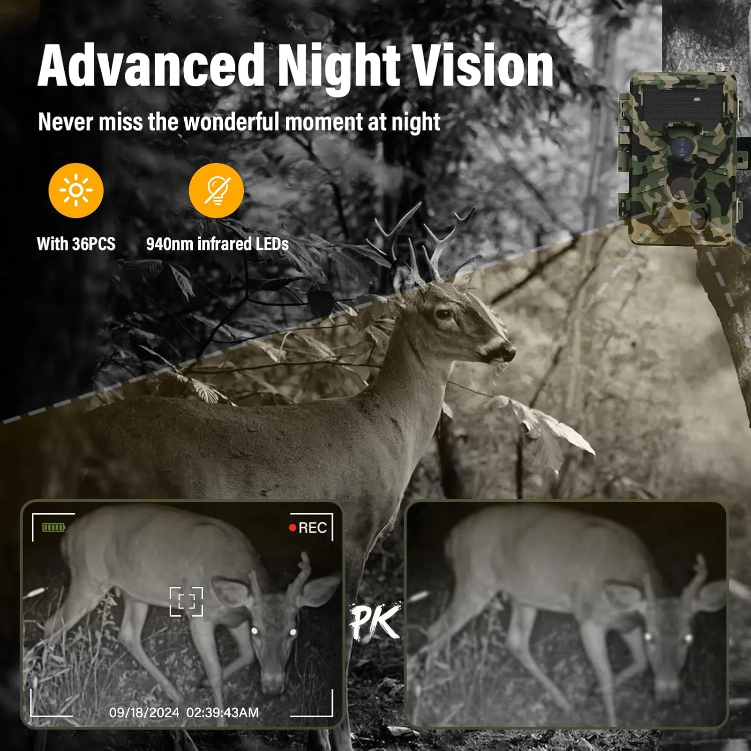 Trail Camera, 24MP 1080p Hunting Camera with Night Vision, IP66 Waterproof Game Cameras, 0.1s Trigger Motion Activated, 120°Wide Angle Deer Cameras No Glow LEDs for Outdoor Wildlife Monitoring