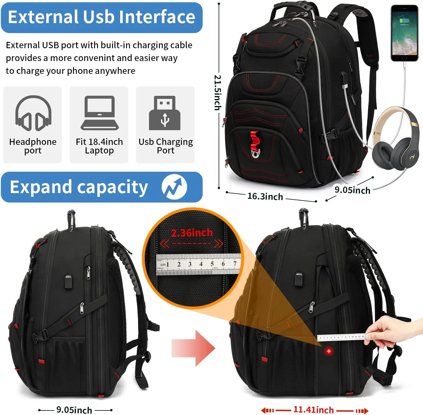 Travel Backpack 17.3 Inch, Business Anti-Theft Laptop Bag with USB Charging Port, Waterproof