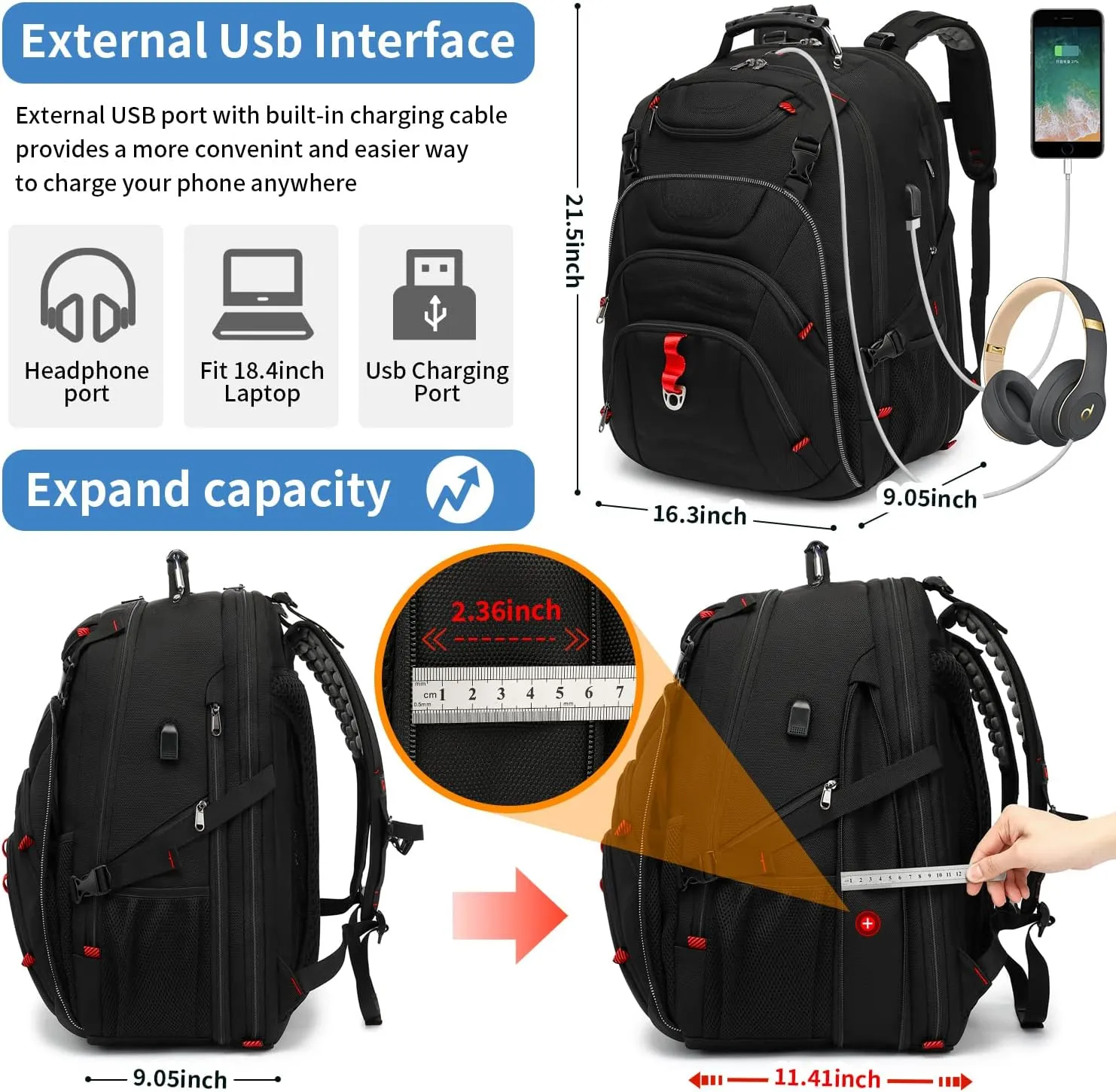 Travel Backpack 17.3 Inch, Business Anti-Theft Laptop Bag with USB Charging Port, Waterproof