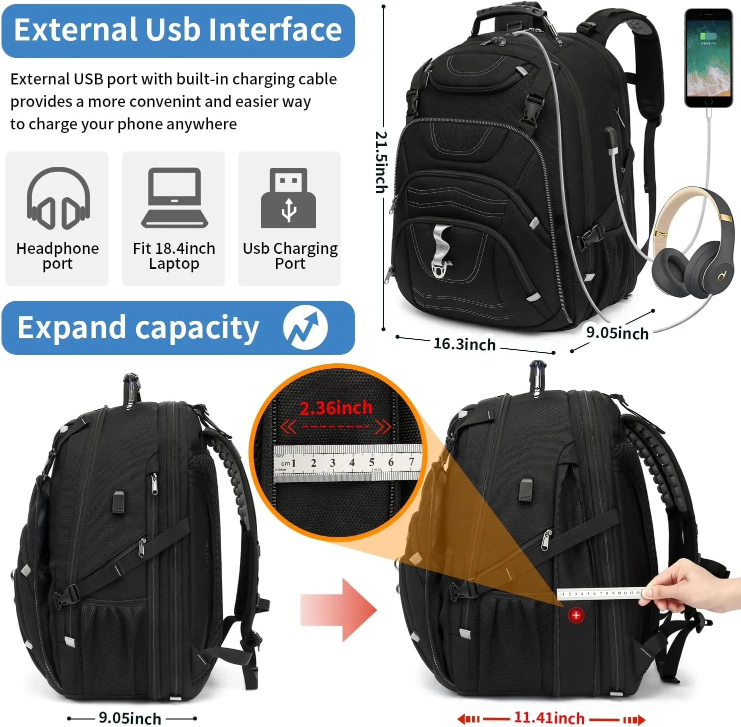 Travel Backpack 17.3 Inch, Business Anti-Theft Laptop Bag with USB Charging Port, Waterproof