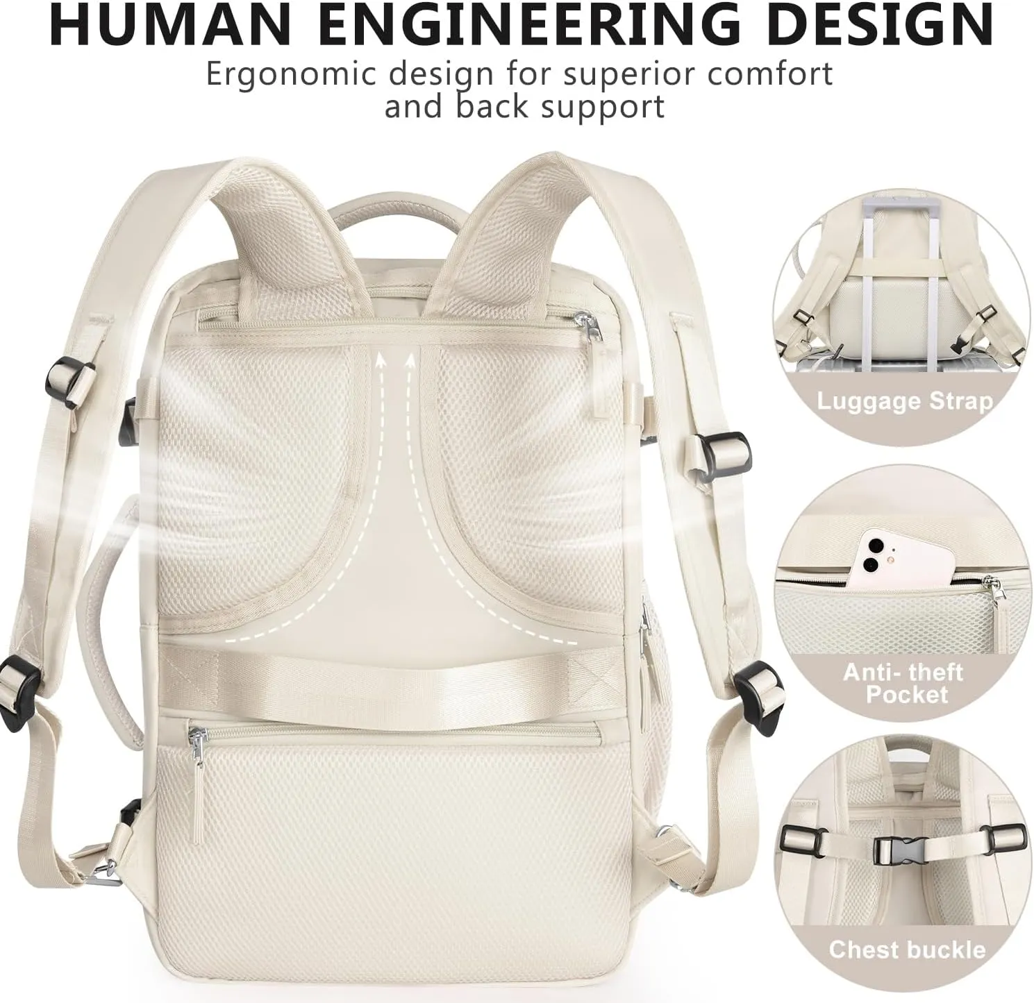 Travel Backpack for Women, Large Carry On Backpack for Travel, Waterproof Backpack Personal Item, Backpack for Women, laptop backpack 17.3 inch, College Bag Casual Daypack, Beige