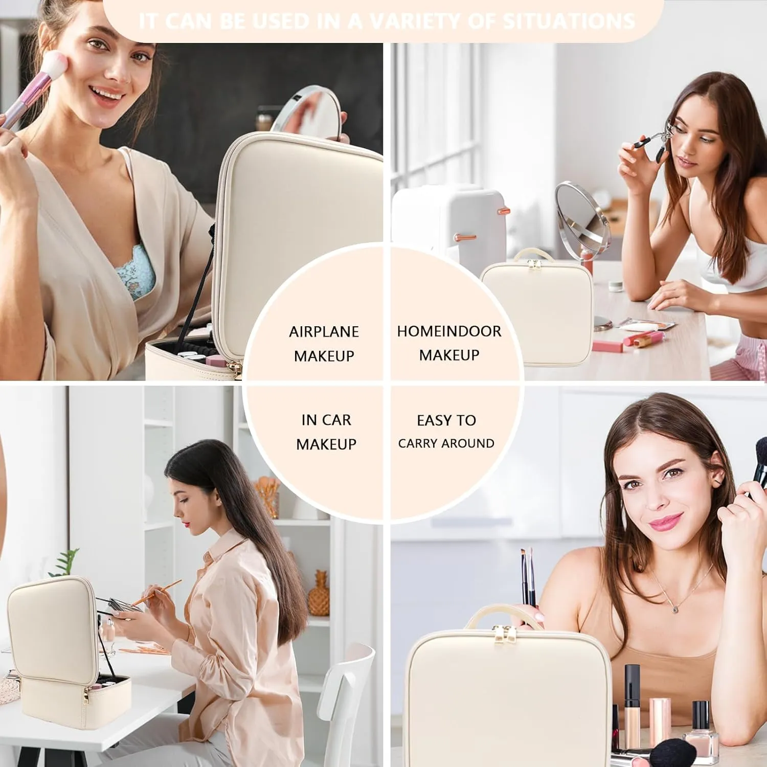 Travel Makeup Bag with LED Mirror and Light Makeup Travel Bag Organizer Portable Cosmetic Brush Organizer Bag with Adjustable Dividers for Cosmetics Makeup Brushes Toiletry (White)