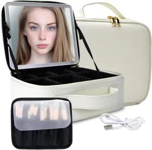 Travel Makeup Bag with LED Mirror and Light Makeup Travel Bag Organizer Portable Cosmetic Brush Organizer Bag with Adjustable Dividers for Cosmetics Makeup Brushes Toiletry (White)