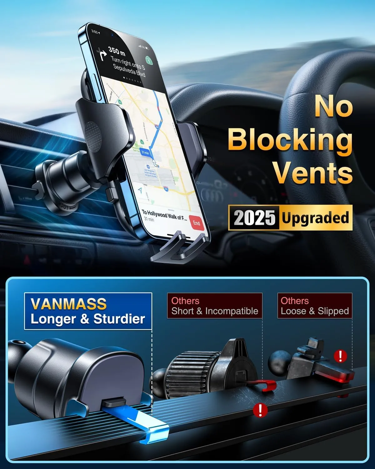 [True Military-Grade] Car Phone Holder VANMASS [Upgraded Strongest Suction & Clip] Cell Phone Mount for Dashboard Windshield Vent, Truck Accessories Cradle Stand for iPhone 16 Pro Max 15 14 13 Android