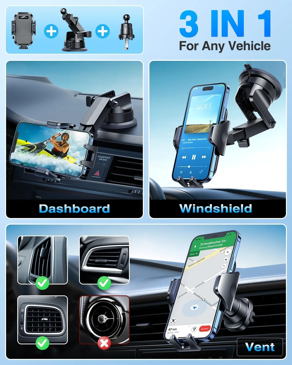 [True Military-Grade] Car Phone Holder VANMASS [Upgraded Strongest Suction & Clip] Cell Phone Mount for Dashboard Windshield Vent, Truck Accessories Cradle Stand for iPhone 16 Pro Max 15 14 13 Android