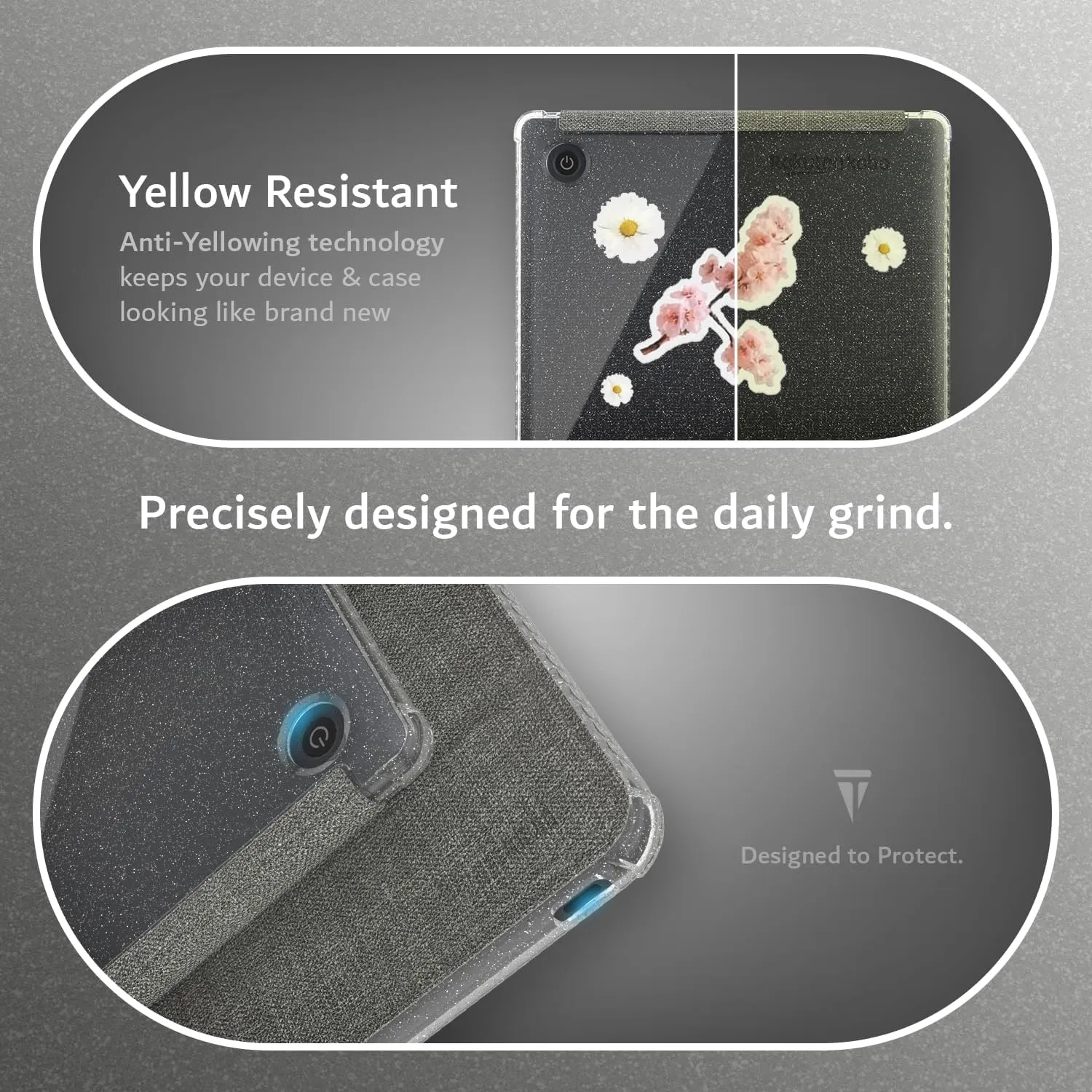 TUDIA SKN FLIP Designed for Kobo Libra Colour Case (2024) - [Auto Wake/Sleep Technology] Shockproof Slim Transparent TPU Back with Trifold Leather eReader Cover - Glitter Grey