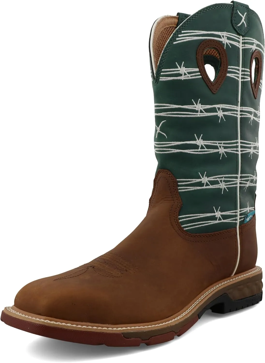 Twisted X Men's 12" Western Work Boot, Square Toe Alloy Toe with CellStretch, Oiled Buffalo & Green-Blue Slate, 8.5 EE
