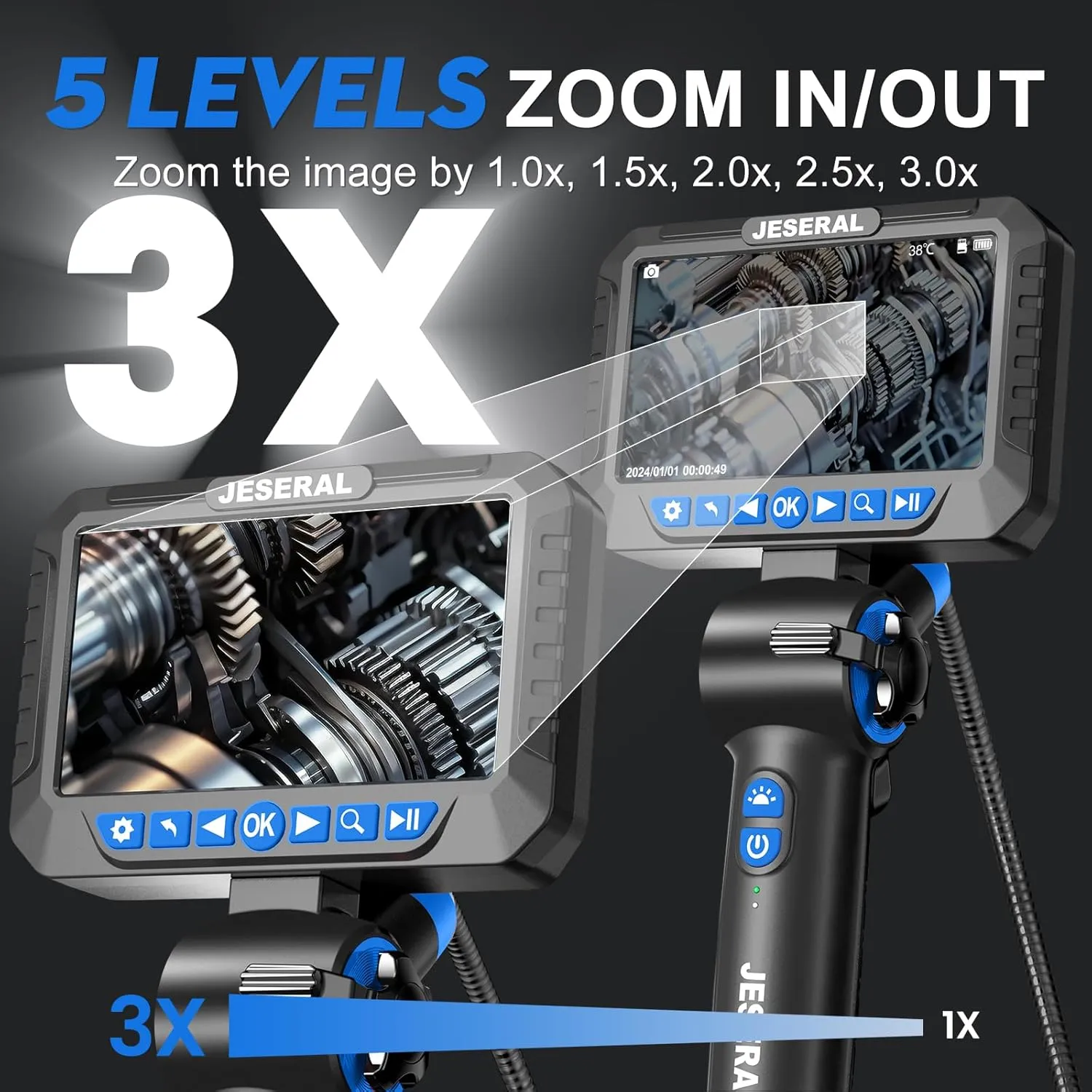 Two-Way 210°Articulating Borescope - JESERAL 5" HD 1080P Inspection Camera Screen with Light, Endoscope with 8.5mm Len IP67 Waterproof Probe, 3X Zoom Bore Scope with Semi-Rigid 5FT Cable for Mechanic