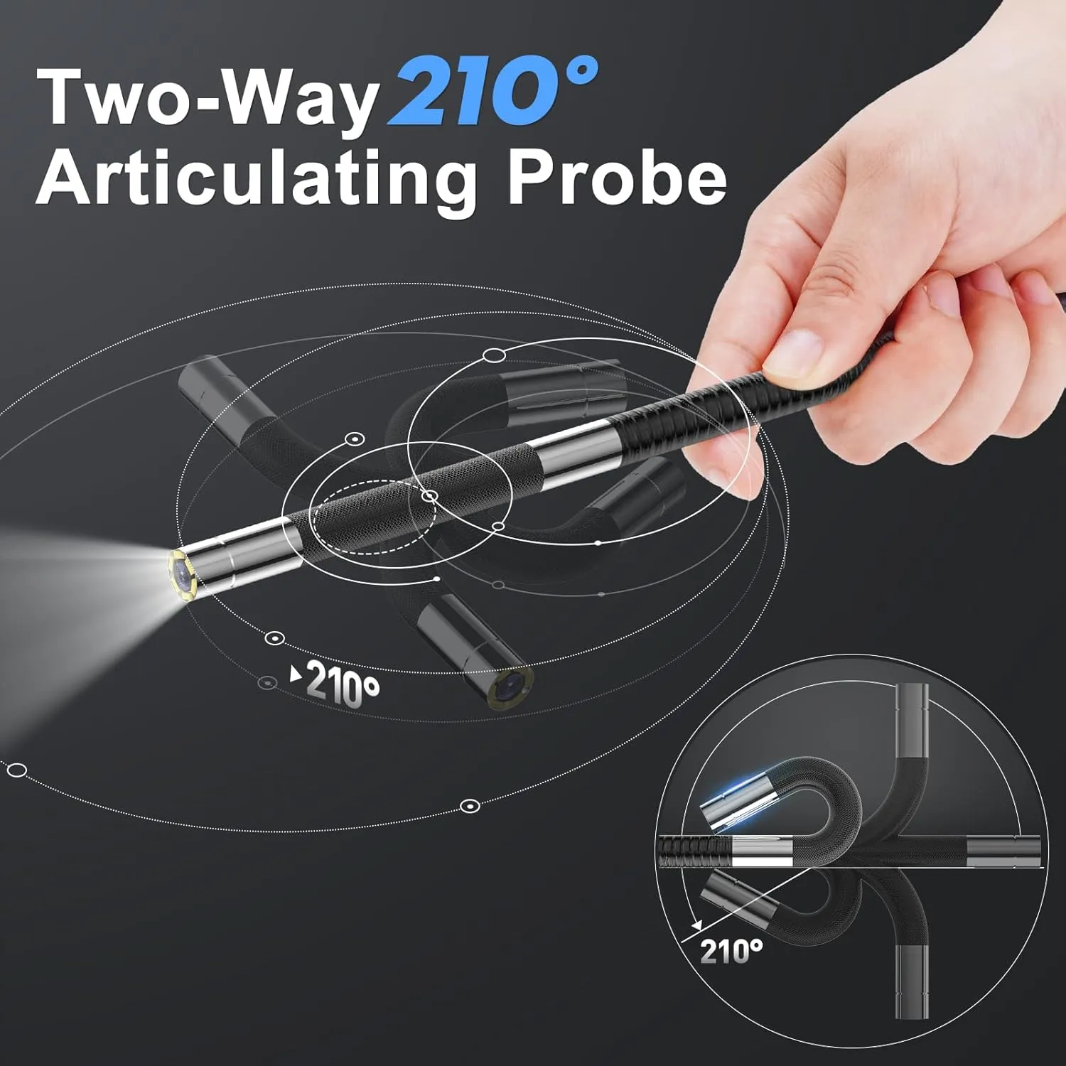 Two-Way 210°Articulating Borescope - JESERAL 5" HD 1080P Inspection Camera Screen with Light, Endoscope with 8.5mm Len IP67 Waterproof Probe, 3X Zoom Bore Scope with Semi-Rigid 5FT Cable for Mechanic
