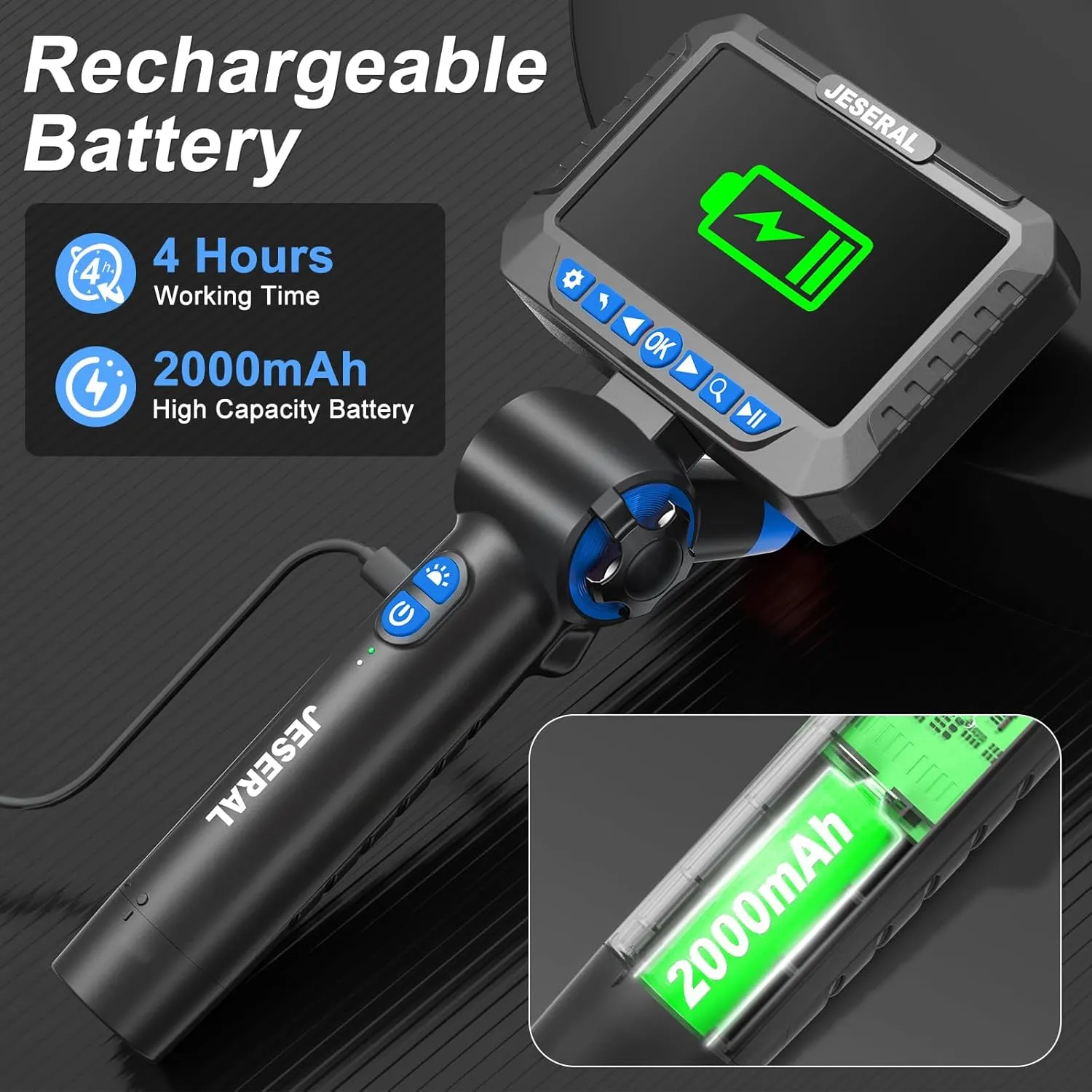 Two-Way 210°Articulating Borescope - JESERAL 5" HD 1080P Inspection Camera Screen with Light, Endoscope with 8.5mm Len IP67 Waterproof Probe, 3X Zoom Bore Scope with Semi-Rigid 5FT Cable for Mechanic