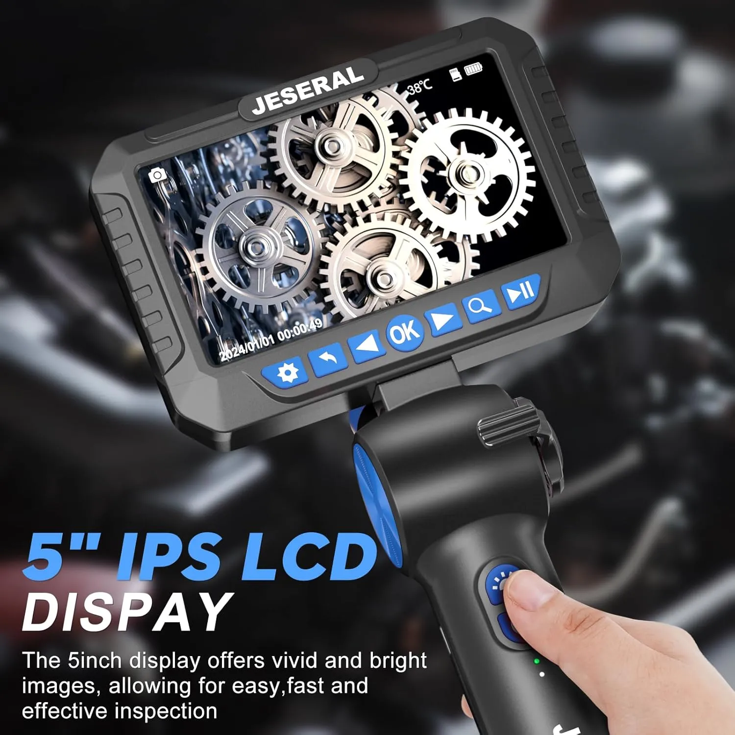 Two-Way 210°Articulating Borescope - JESERAL 5" HD 1080P Inspection Camera Screen with Light, Endoscope with 8.5mm Len IP67 Waterproof Probe, 3X Zoom Bore Scope with Semi-Rigid 5FT Cable for Mechanic