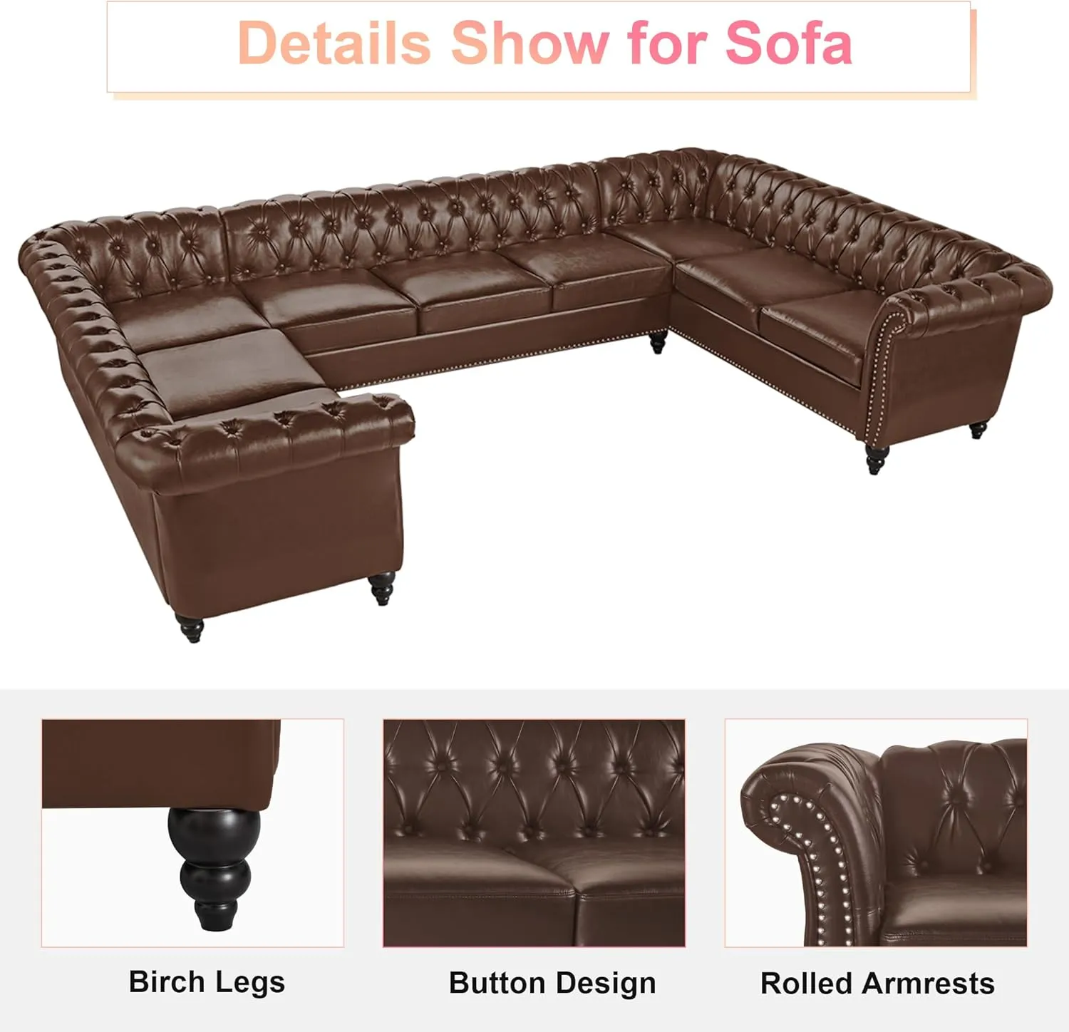 U Shaped Large Sectional Sofa, Chesterfield Leather Faux Couch Tufted Accent Sofa with Scroll Arms and Nailhead for Living Room, Office (Dark Brown)