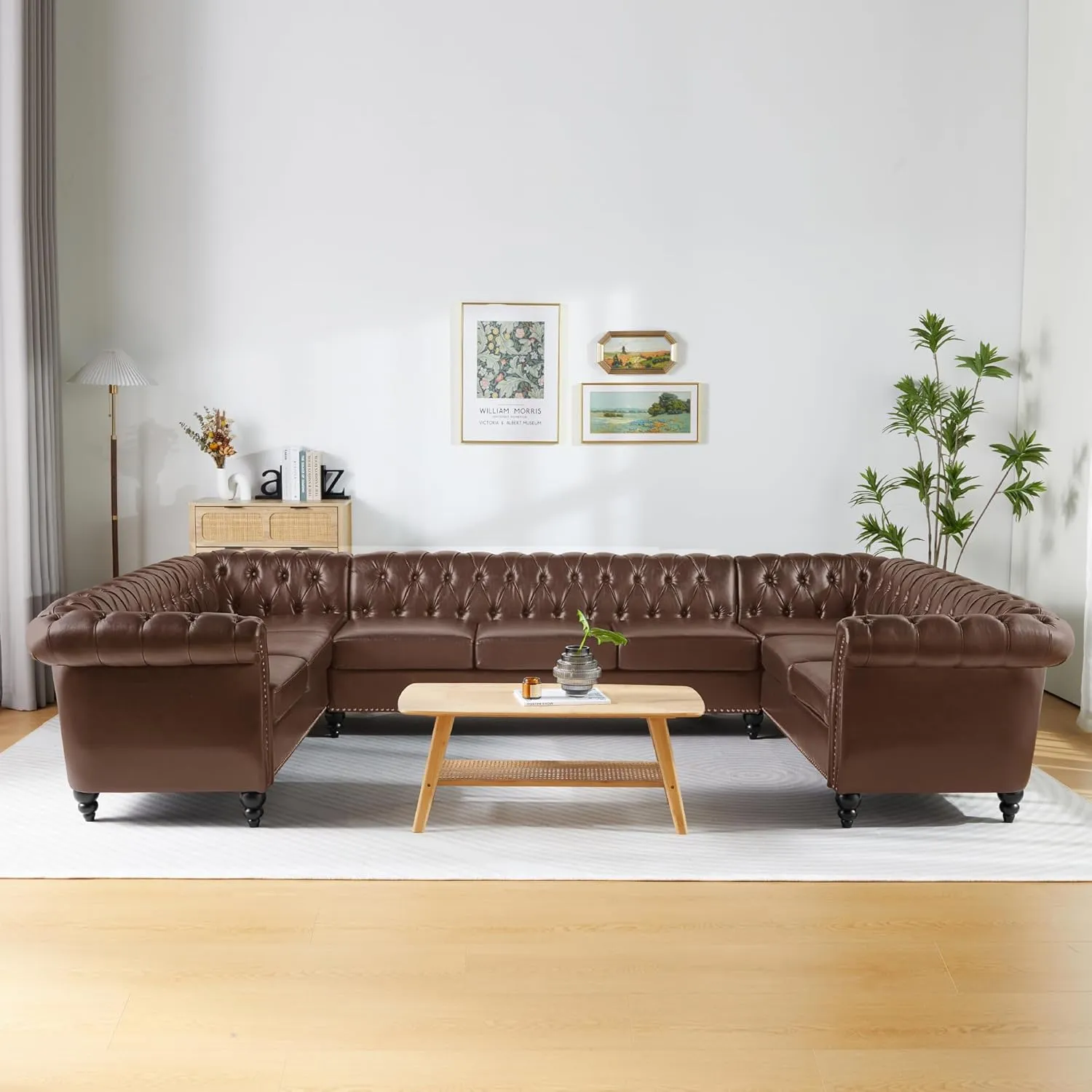 U Shaped Large Sectional Sofa, Chesterfield Leather Faux Couch Tufted Accent Sofa with Scroll Arms and Nailhead for Living Room, Office (Dark Brown)