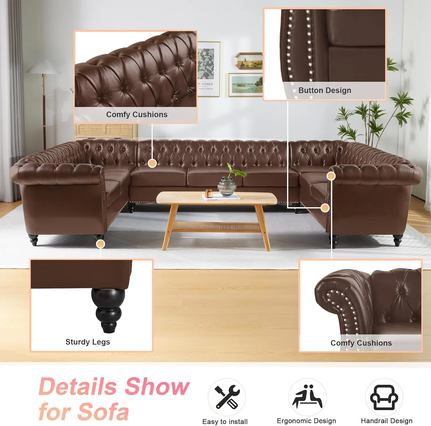 U Shaped Large Sectional Sofa, Chesterfield Leather Faux Couch Tufted Accent Sofa with Scroll Arms and Nailhead for Living Room, Office (Dark Brown)