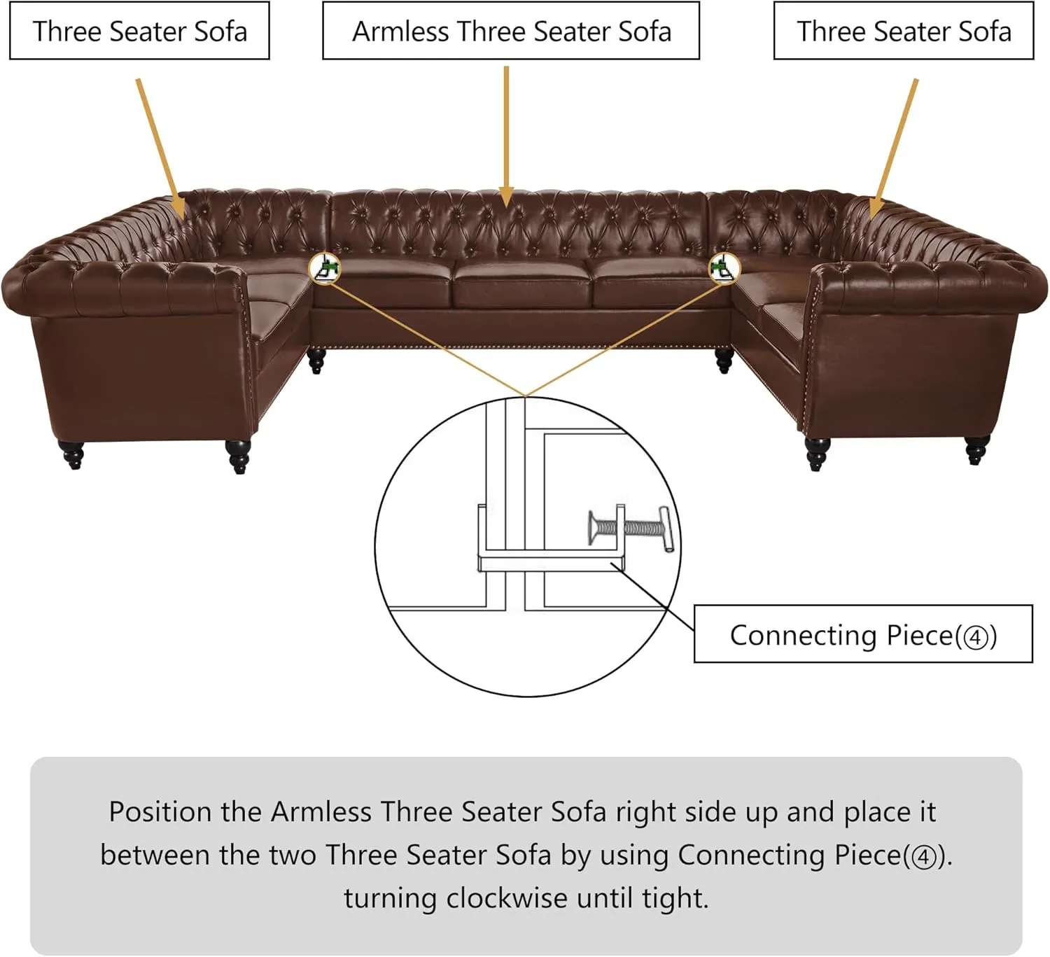 U Shaped Large Sectional Sofa, Chesterfield Leather Faux Couch Tufted Accent Sofa with Scroll Arms and Nailhead for Living Room, Office (Dark Brown)