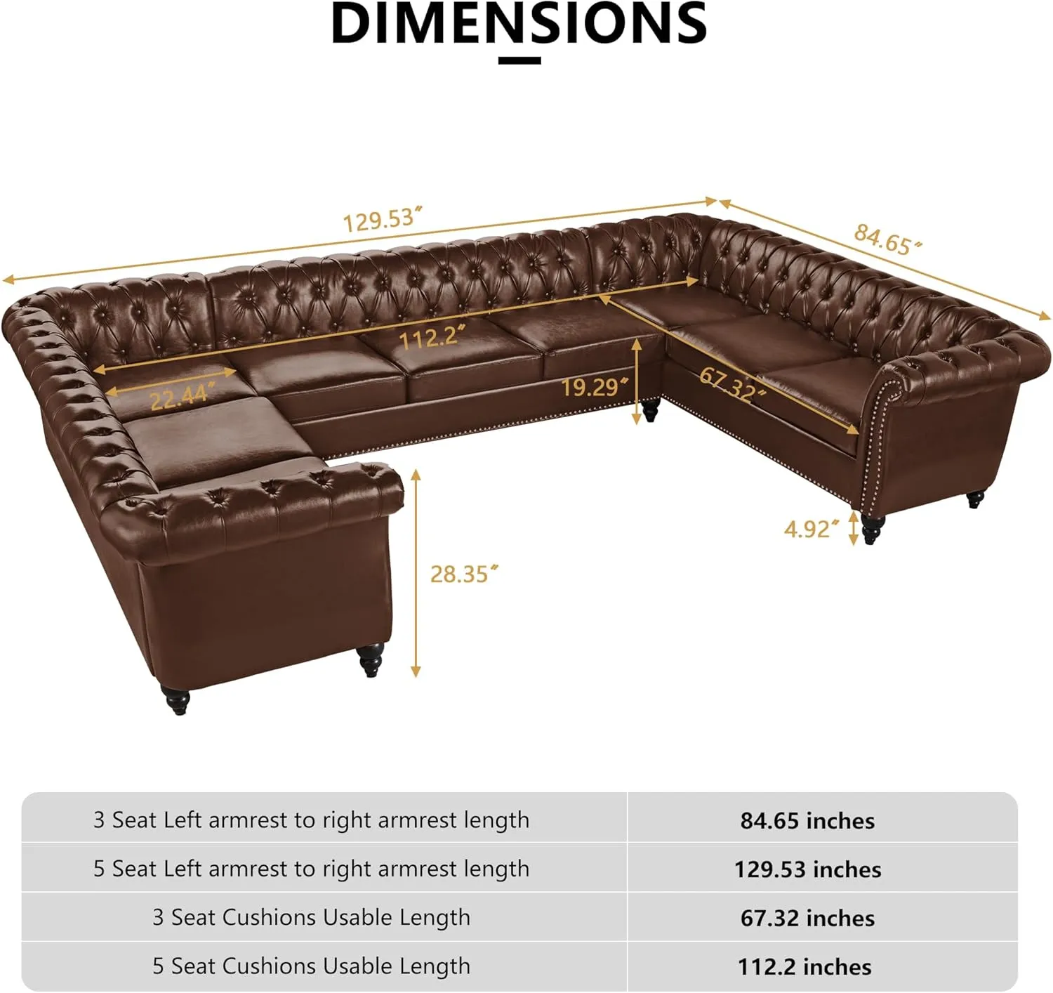 U Shaped Large Sectional Sofa, Chesterfield Leather Faux Couch Tufted Accent Sofa with Scroll Arms and Nailhead for Living Room, Office (Dark Brown)