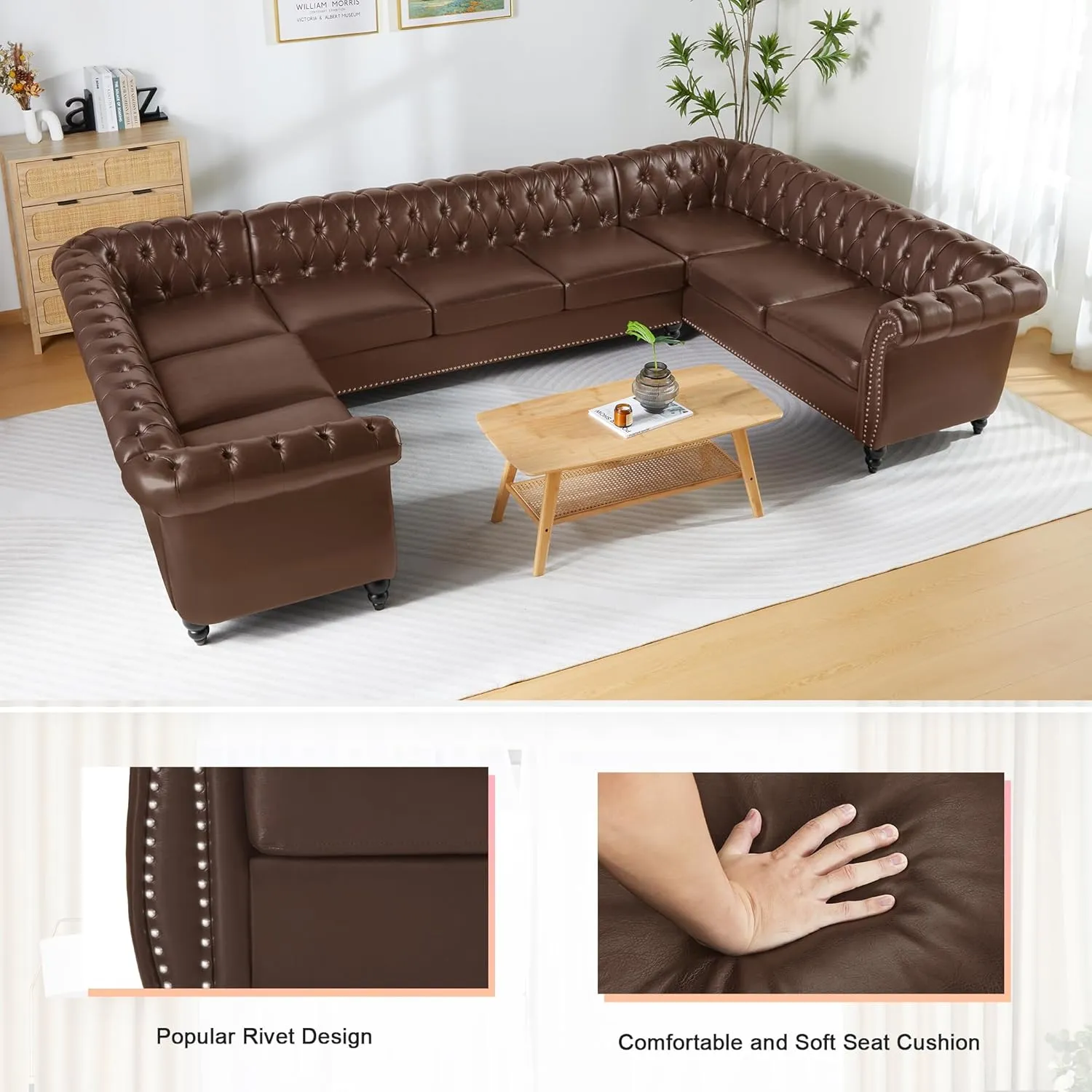 U Shaped Large Sectional Sofa, Chesterfield Leather Faux Couch Tufted Accent Sofa with Scroll Arms and Nailhead for Living Room, Office (Dark Brown)