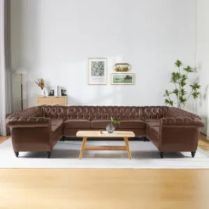 U Shaped Large Sectional Sofa, Chesterfield Leather Faux Couch Tufted Accent Sofa with Scroll Arms and Nailhead for Living Room, Office (Dark Brown)