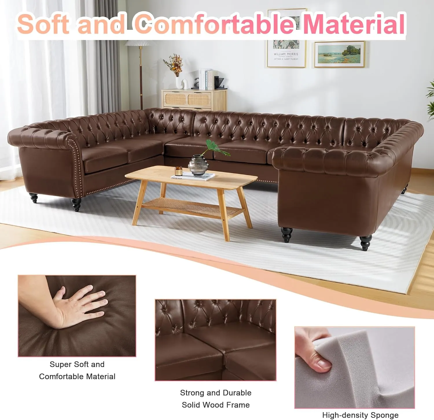 U Shaped Large Sectional Sofa, Chesterfield Leather Faux Couch Tufted Accent Sofa with Scroll Arms and Nailhead for Living Room, Office (Dark Brown)
