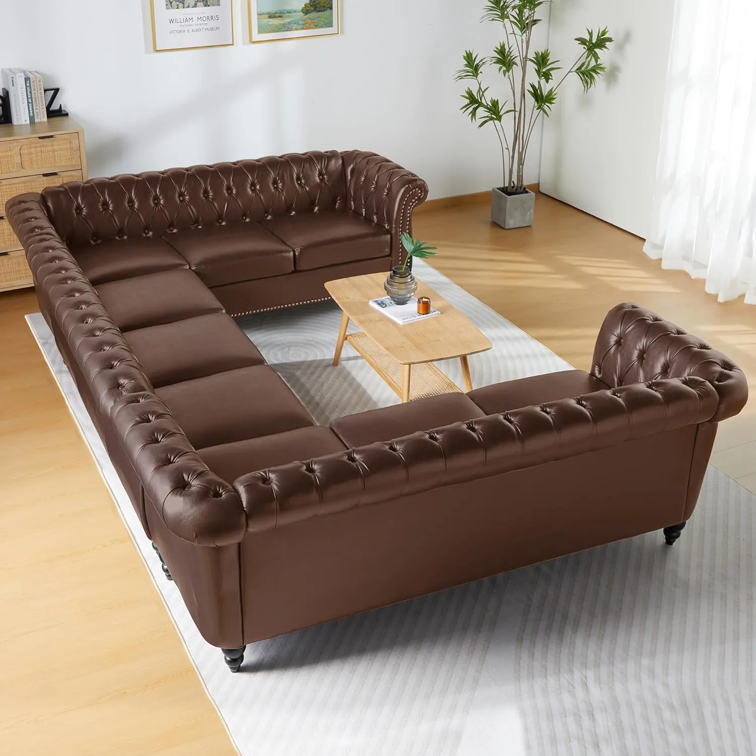 U Shaped Large Sectional Sofa, Chesterfield Leather Faux Couch Tufted Accent Sofa with Scroll Arms and Nailhead for Living Room, Office (Dark Brown)
