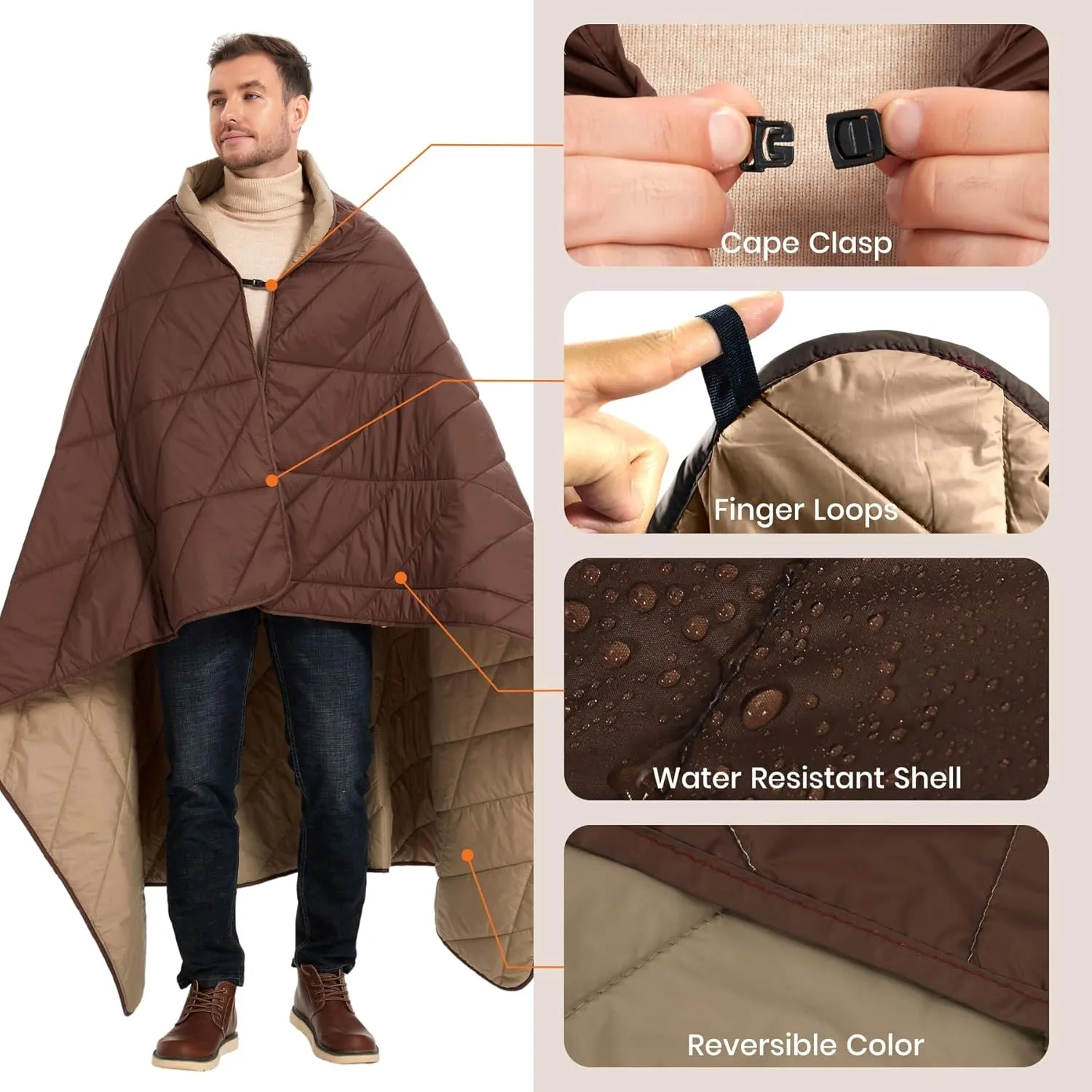 Ultralight Puffy Blanket, Outdoor Camping Blanket, Water-Resistant and Packable, Great for Camping, Stadium, Traveling, Backpacking, Picnic and Beach. 79"x55". Classic Coffee