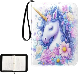 Unicorn Colorful Flowers Blue Hair Card Binder 4 Pocket, Trading Card Holder Fits 400 Game Cards with 50 Removable Sleeves, MTG Card Case Standard Size