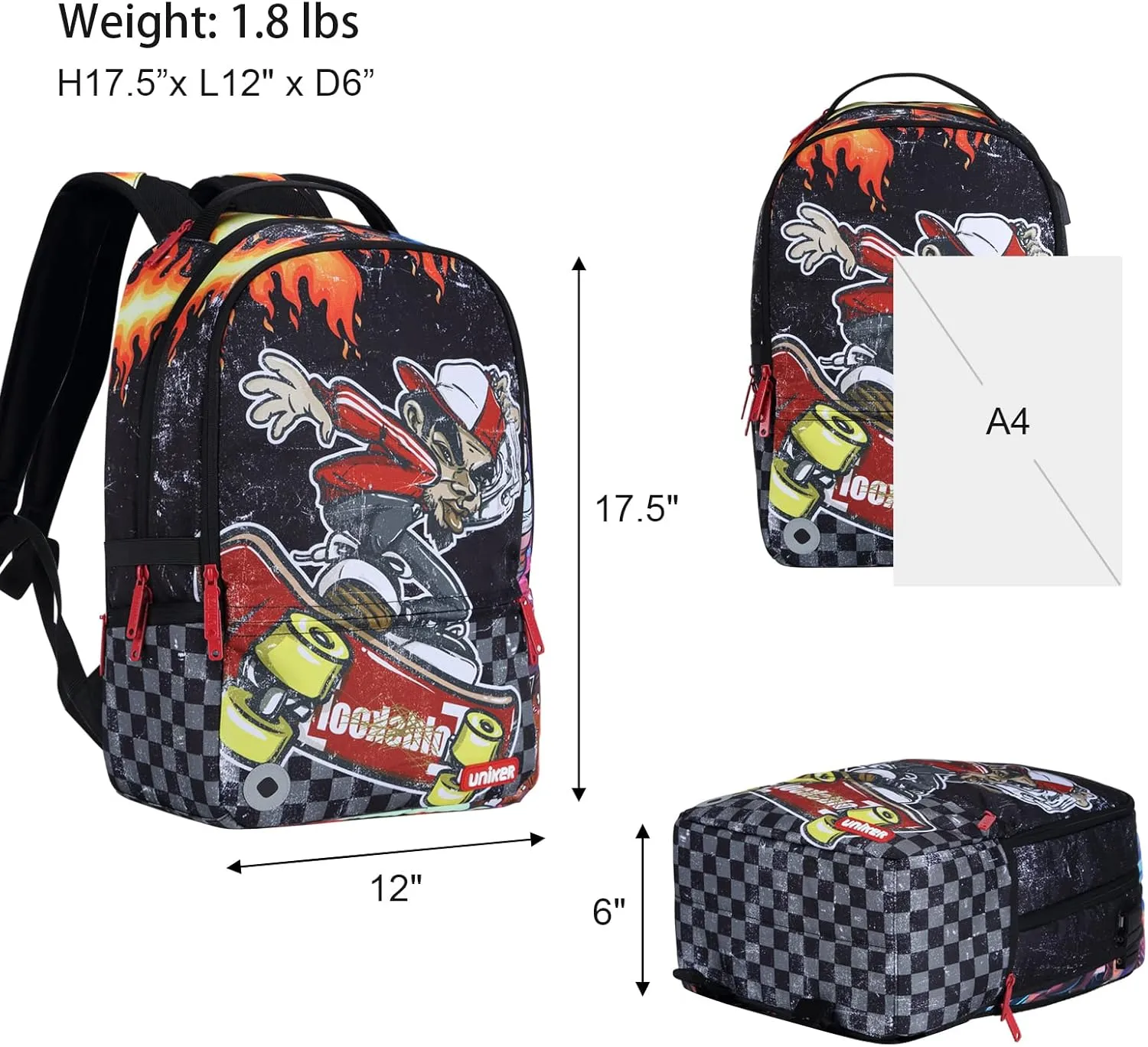 UNIKER School Backpack for Teen Boys, Laptop Backpack with USB Charging Port for 15.6 Inch Laptop,Designer Backpack for High School, Skateboard Boy