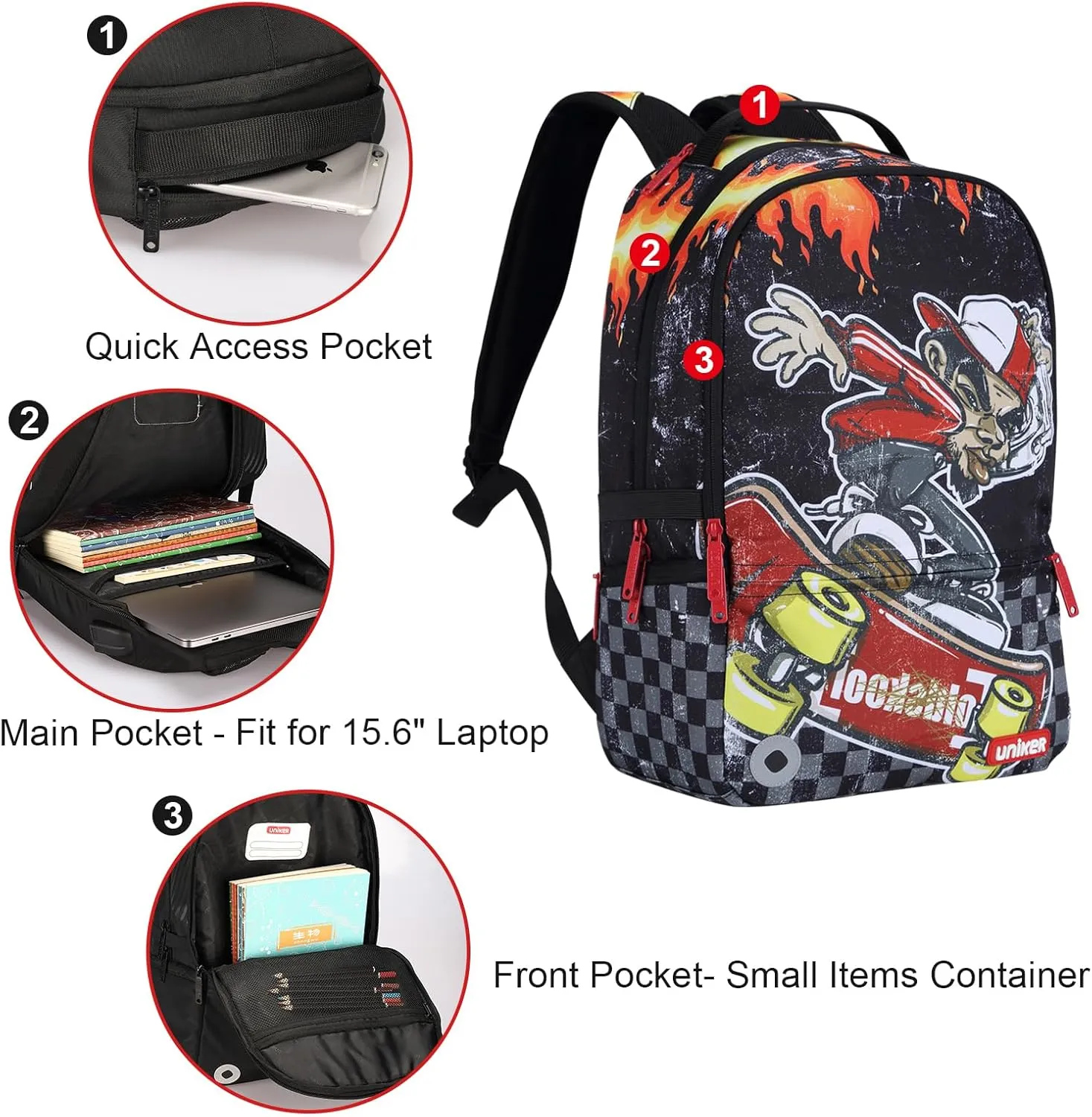 UNIKER School Backpack for Teen Boys, Laptop Backpack with USB Charging Port for 15.6 Inch Laptop,Designer Backpack for High School, Skateboard Boy