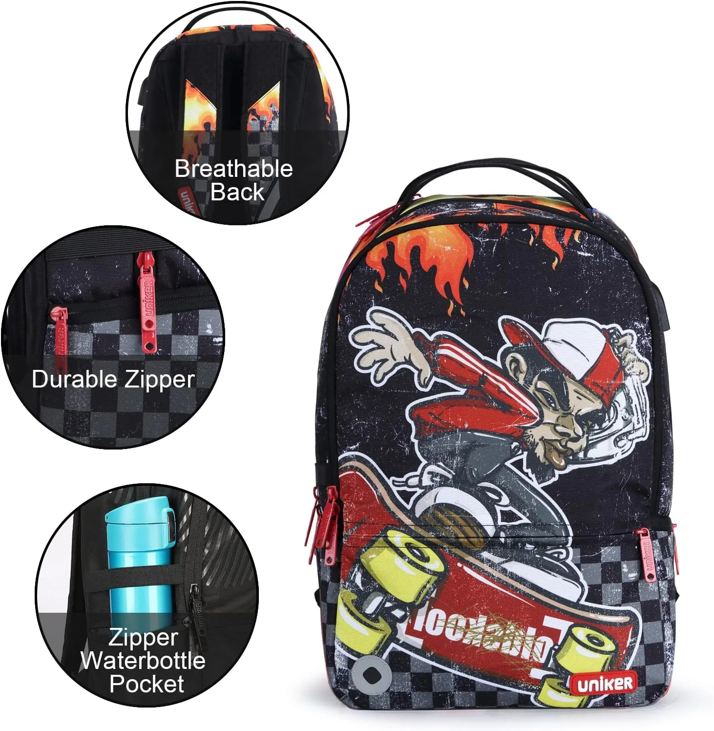 UNIKER School Backpack for Teen Boys, Laptop Backpack with USB Charging Port for 15.6 Inch Laptop,Designer Backpack for High School, Skateboard Boy