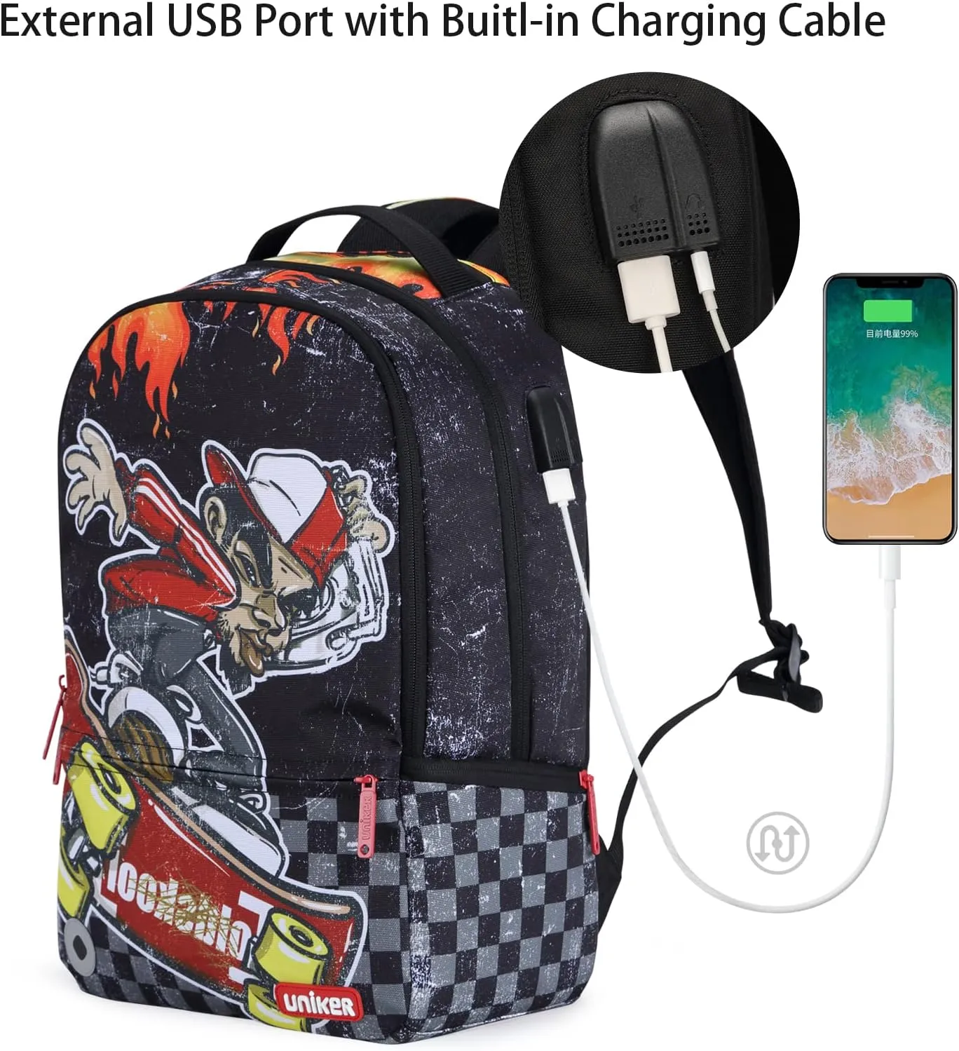 UNIKER School Backpack for Teen Boys, Laptop Backpack with USB Charging Port for 15.6 Inch Laptop,Designer Backpack for High School, Skateboard Boy