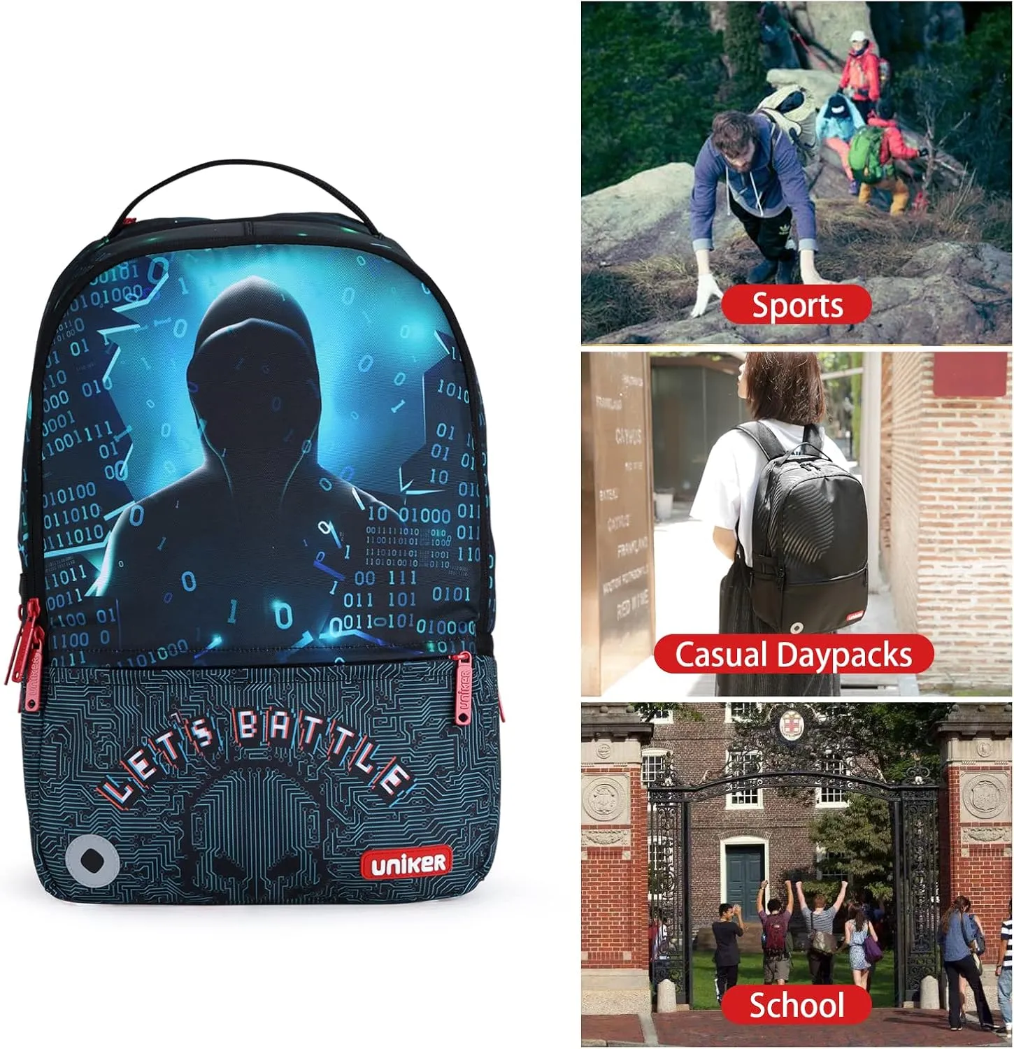 UNIKER School Backpack with USB Charging Port for Teenagers, Water Resistant Designer Daypack with Laptop Compartment for 15.6 Inch Laptop, Hacker