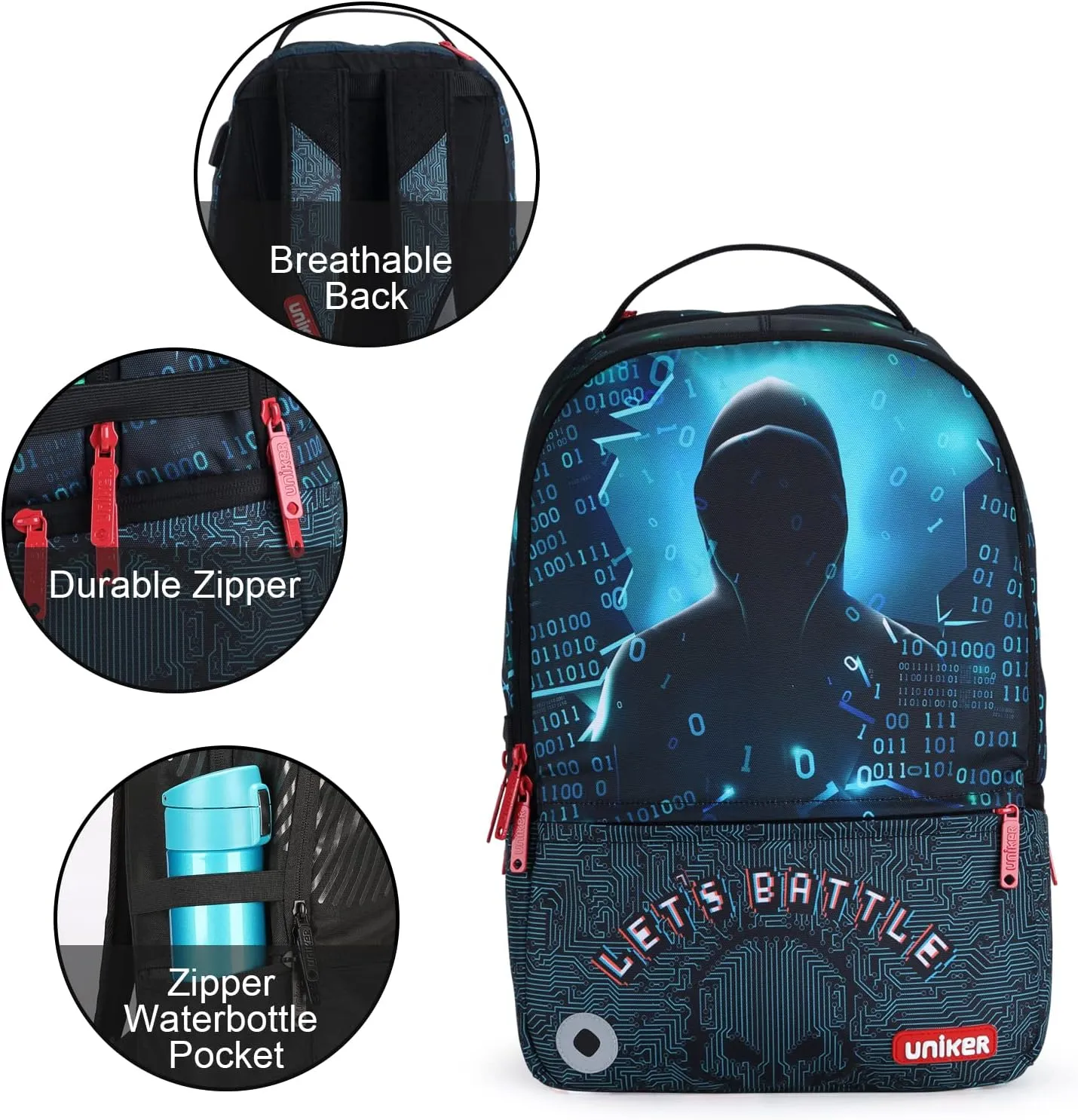 UNIKER School Backpack with USB Charging Port for Teenagers, Water Resistant Designer Daypack with Laptop Compartment for 15.6 Inch Laptop, Hacker