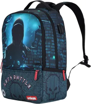 UNIKER School Backpack with USB Charging Port for Teenagers, Water Resistant Designer Daypack with Laptop Compartment for 15.6 Inch Laptop, Hacker