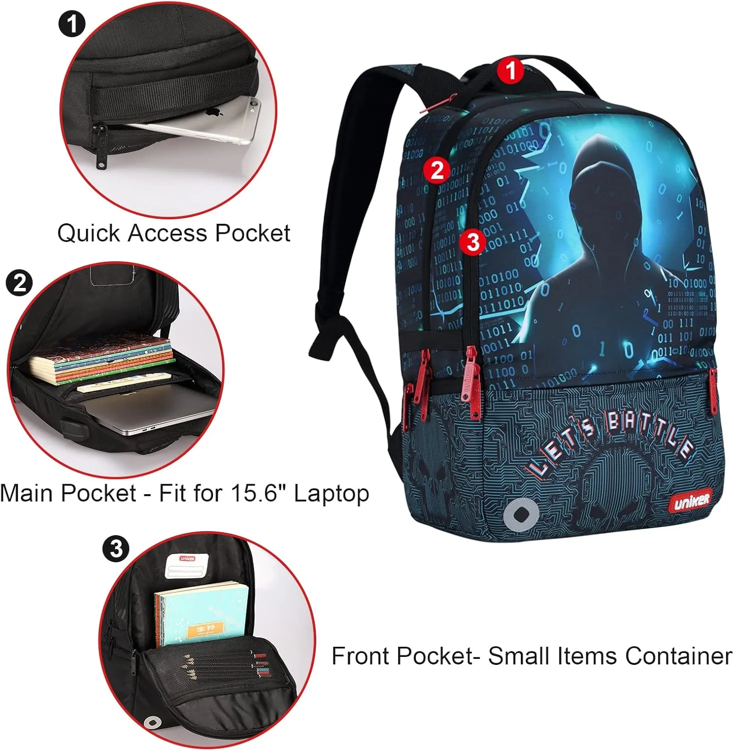 UNIKER School Backpack with USB Charging Port for Teenagers, Water Resistant Designer Daypack with Laptop Compartment for 15.6 Inch Laptop, Hacker