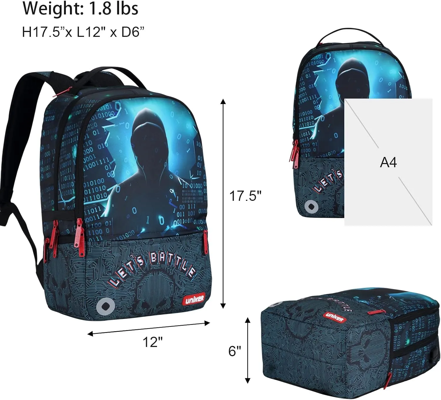 UNIKER School Backpack with USB Charging Port for Teenagers, Water Resistant Designer Daypack with Laptop Compartment for 15.6 Inch Laptop, Hacker