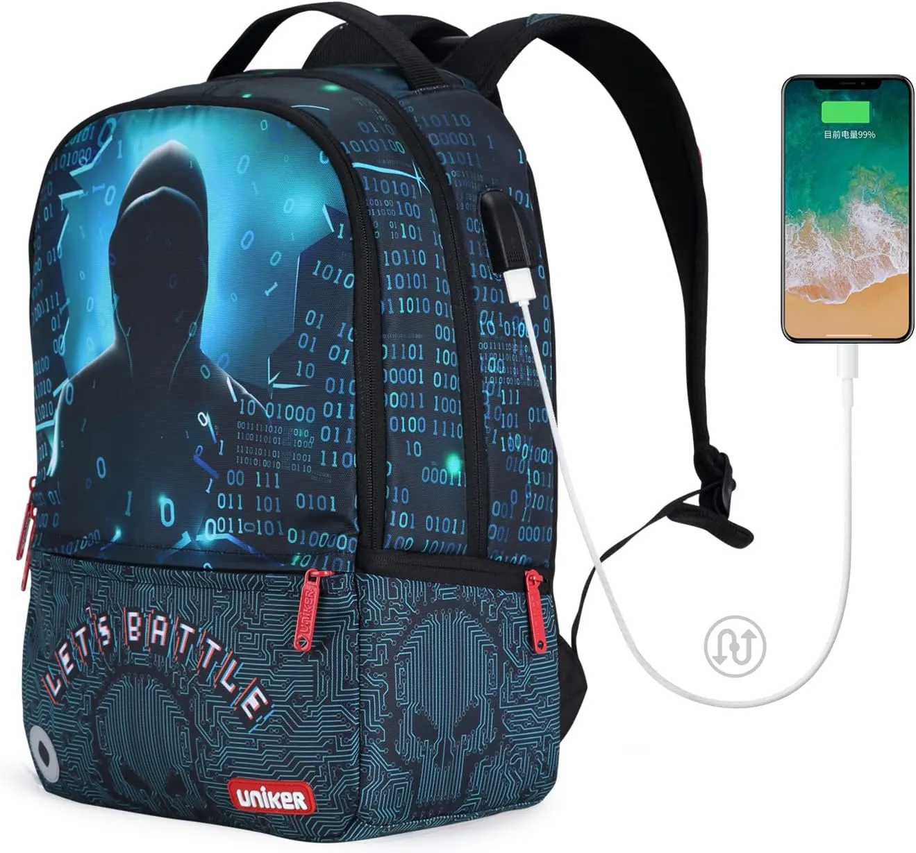 UNIKER School Backpack with USB Charging Port for Teenagers, Water Resistant Designer Daypack with Laptop Compartment for 15.6 Inch Laptop, Hacker