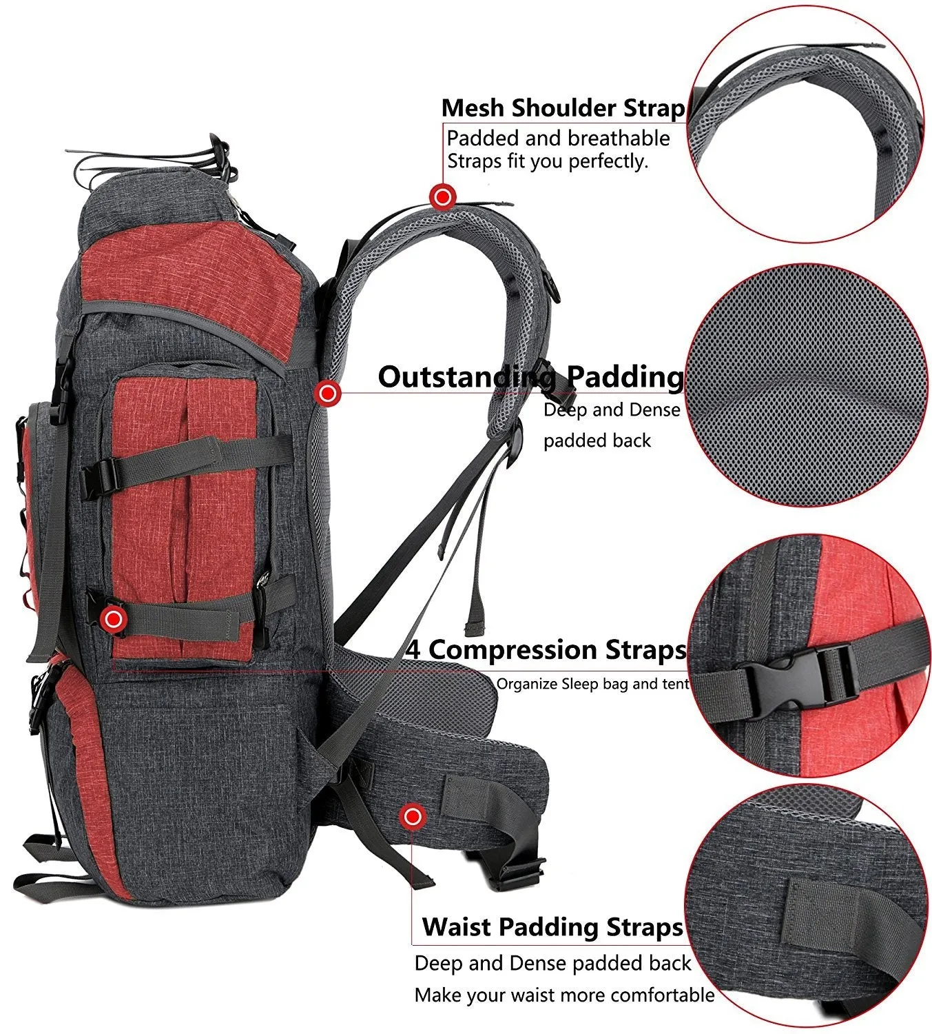 UNISTRENGH 55L Backpack Internal Frame Hiking Backpacking Lightweight Travel Packs with Waterproof Rain Cover (Red)