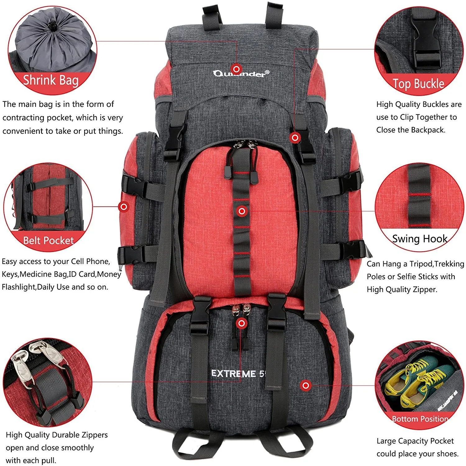 UNISTRENGH 55L Backpack Internal Frame Hiking Backpacking Lightweight Travel Packs with Waterproof Rain Cover (Red)