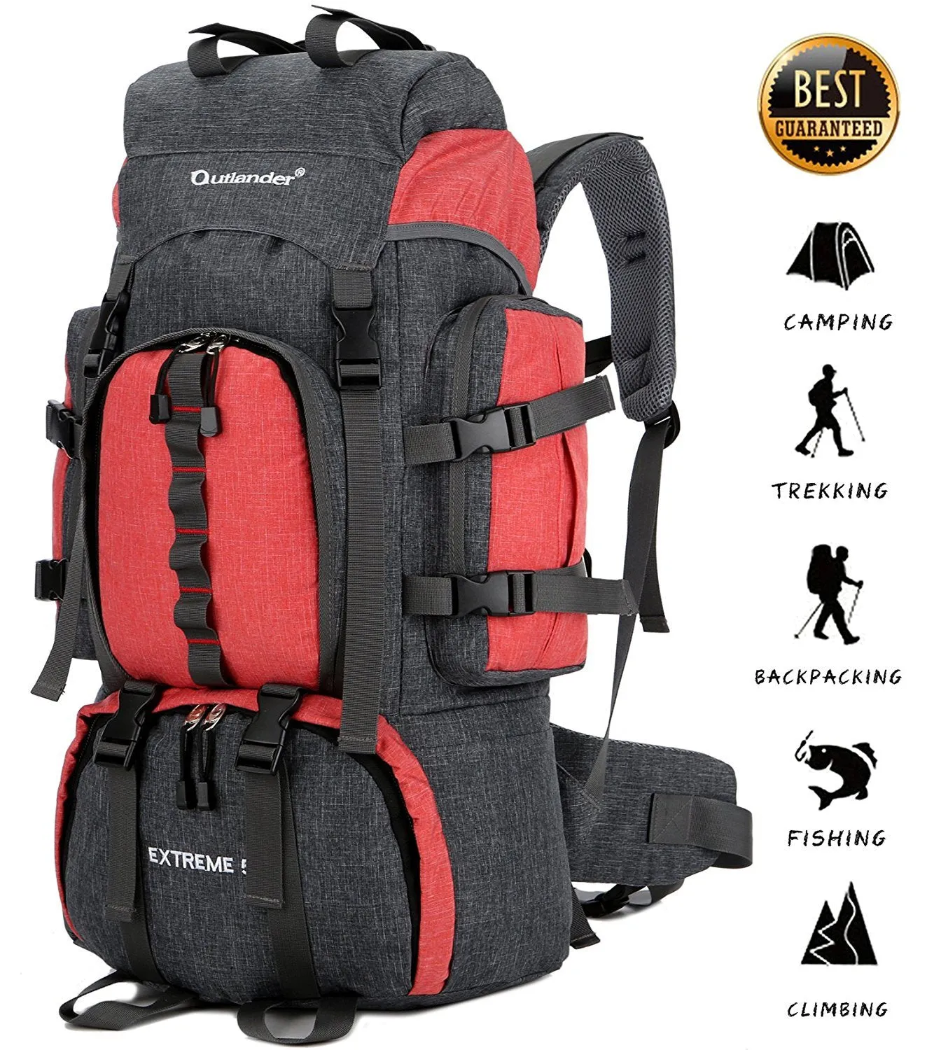 UNISTRENGH 55L Backpack Internal Frame Hiking Backpacking Lightweight Travel Packs with Waterproof Rain Cover (Red)