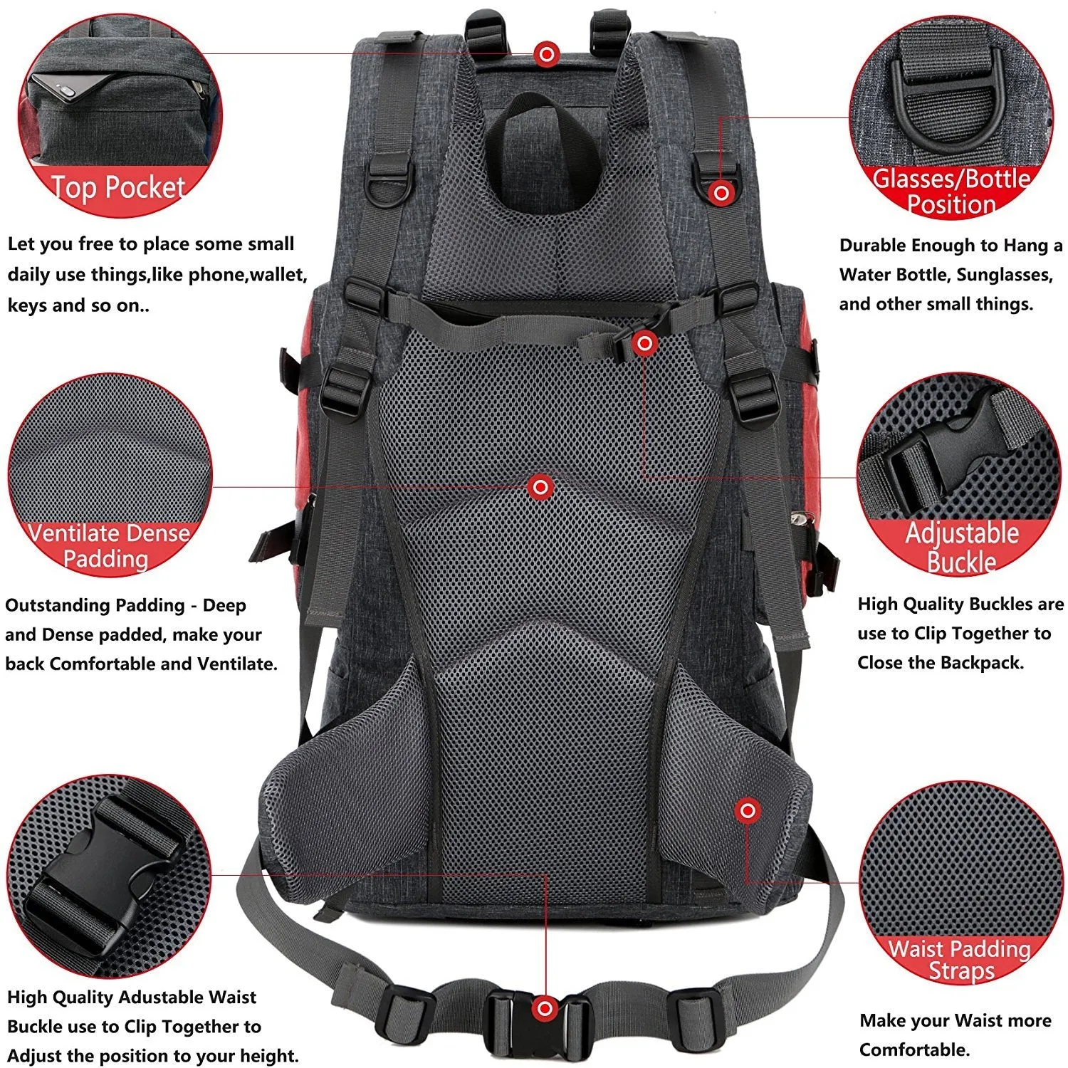 UNISTRENGH 55L Backpack Internal Frame Hiking Backpacking Lightweight Travel Packs with Waterproof Rain Cover (Red)