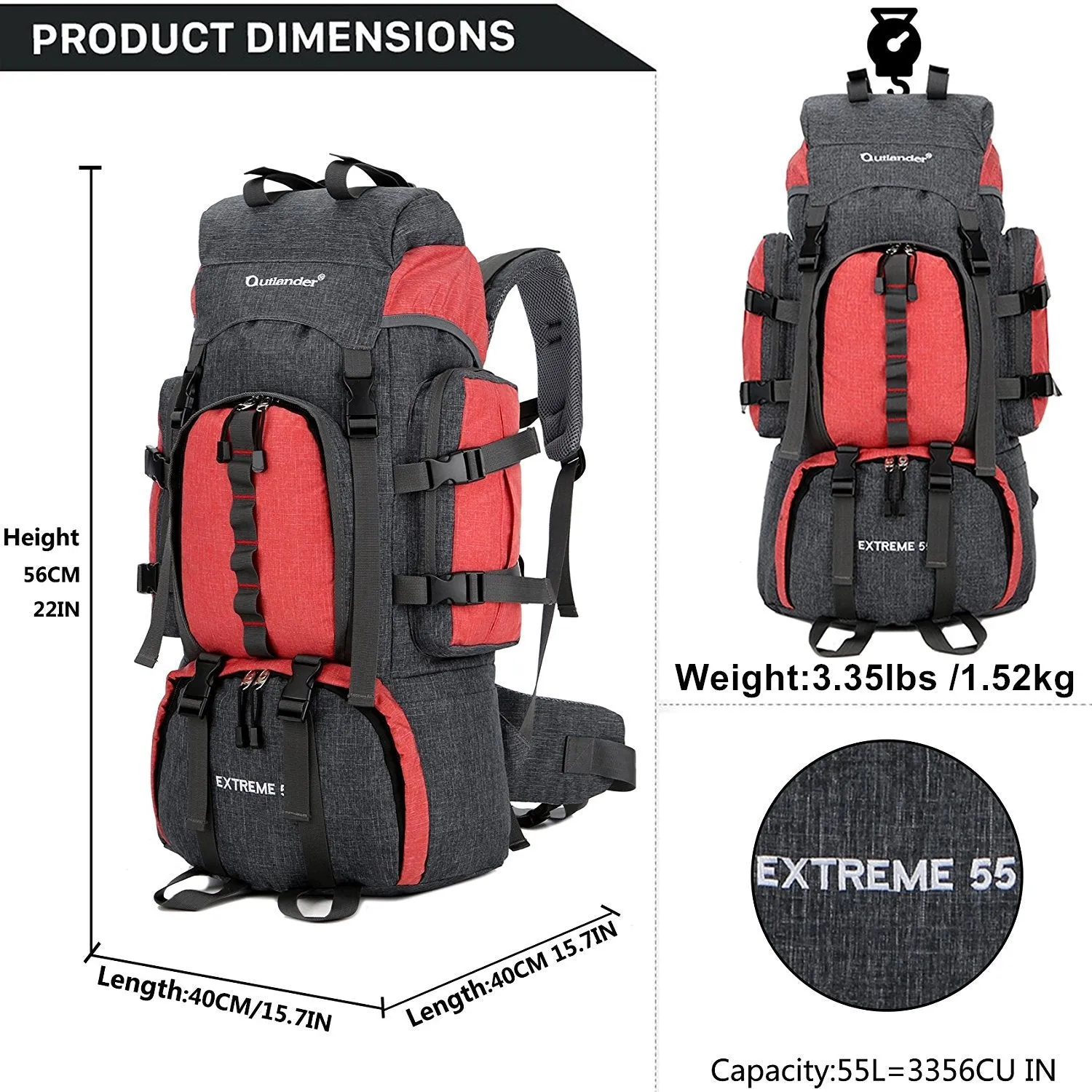 UNISTRENGH 55L Backpack Internal Frame Hiking Backpacking Lightweight Travel Packs with Waterproof Rain Cover (Red)